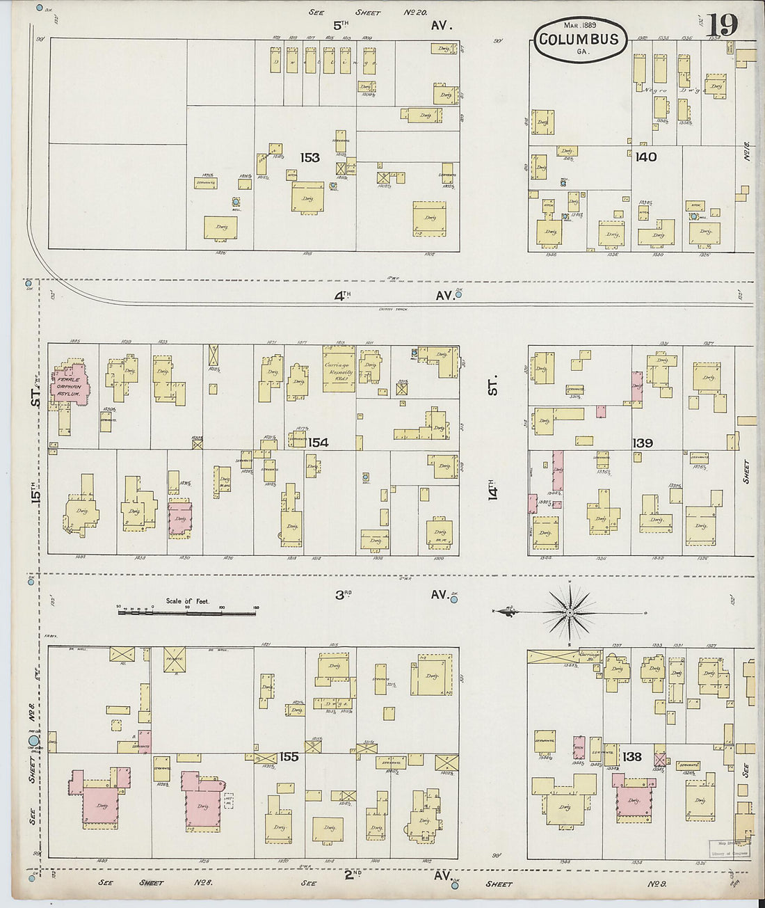 This old map of Columbus, Muscogee County, Georgia was created by Sanborn Map Company in 1889