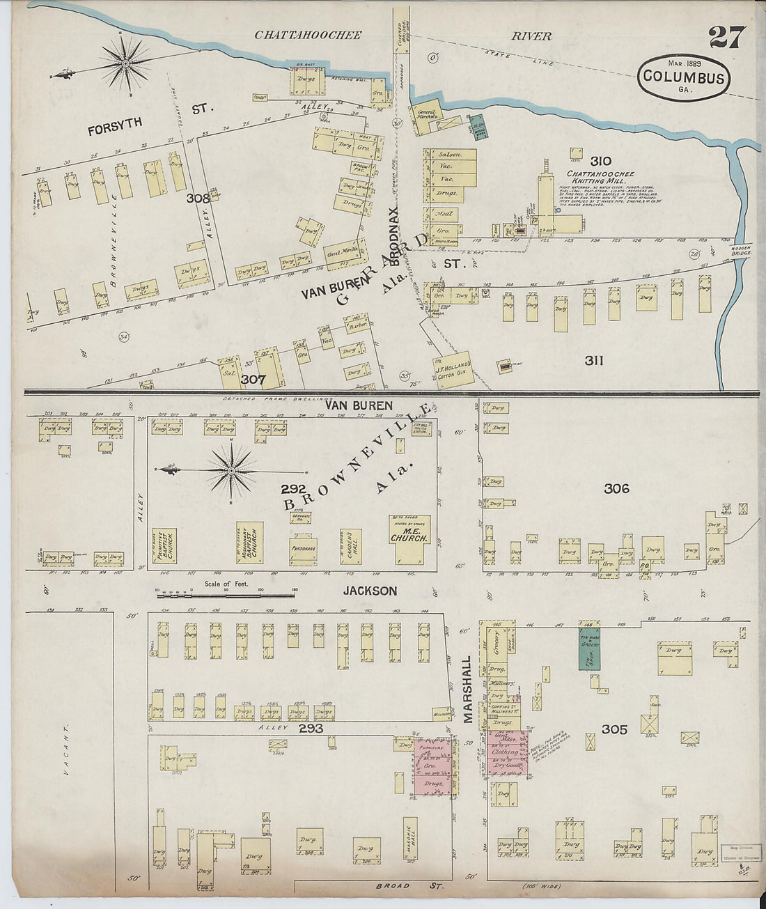 This old map of Columbus, Muscogee County, Georgia was created by Sanborn Map Company in 1889