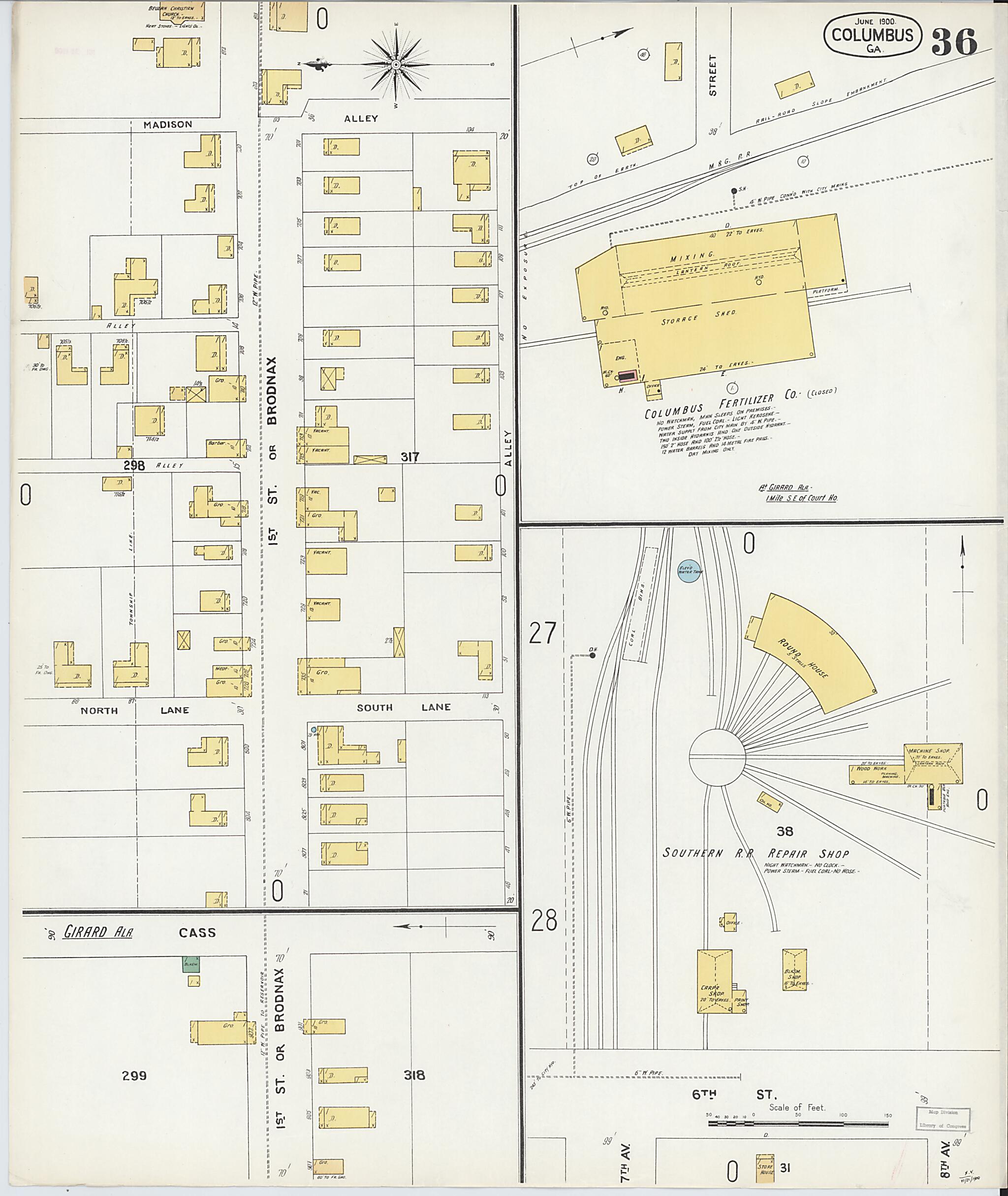 This old map of Columbus, Muscogee County, Georgia was created by Sanborn Map Company in 1900