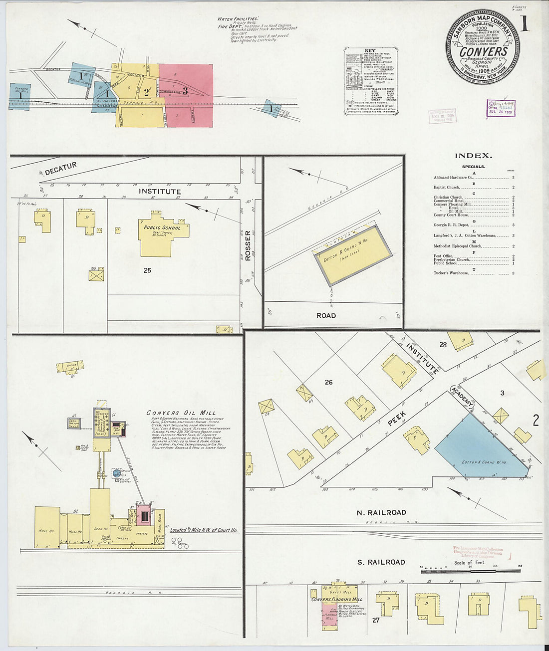 This old map of Conyers, Rockdale County, Georgia was created by Sanborn Map Company in 1909