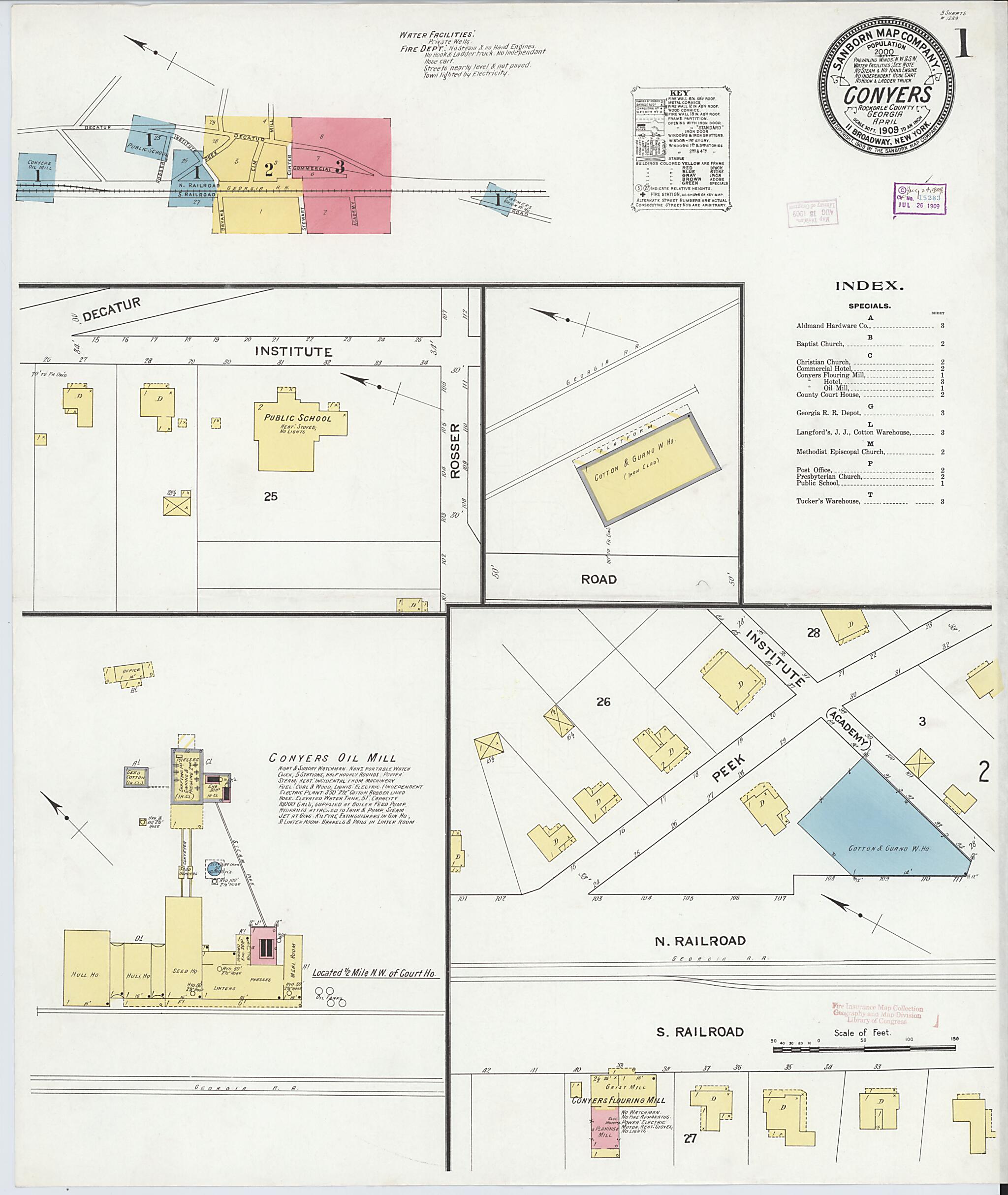 This old map of Conyers, Rockdale County, Georgia was created by Sanborn Map Company in 1909