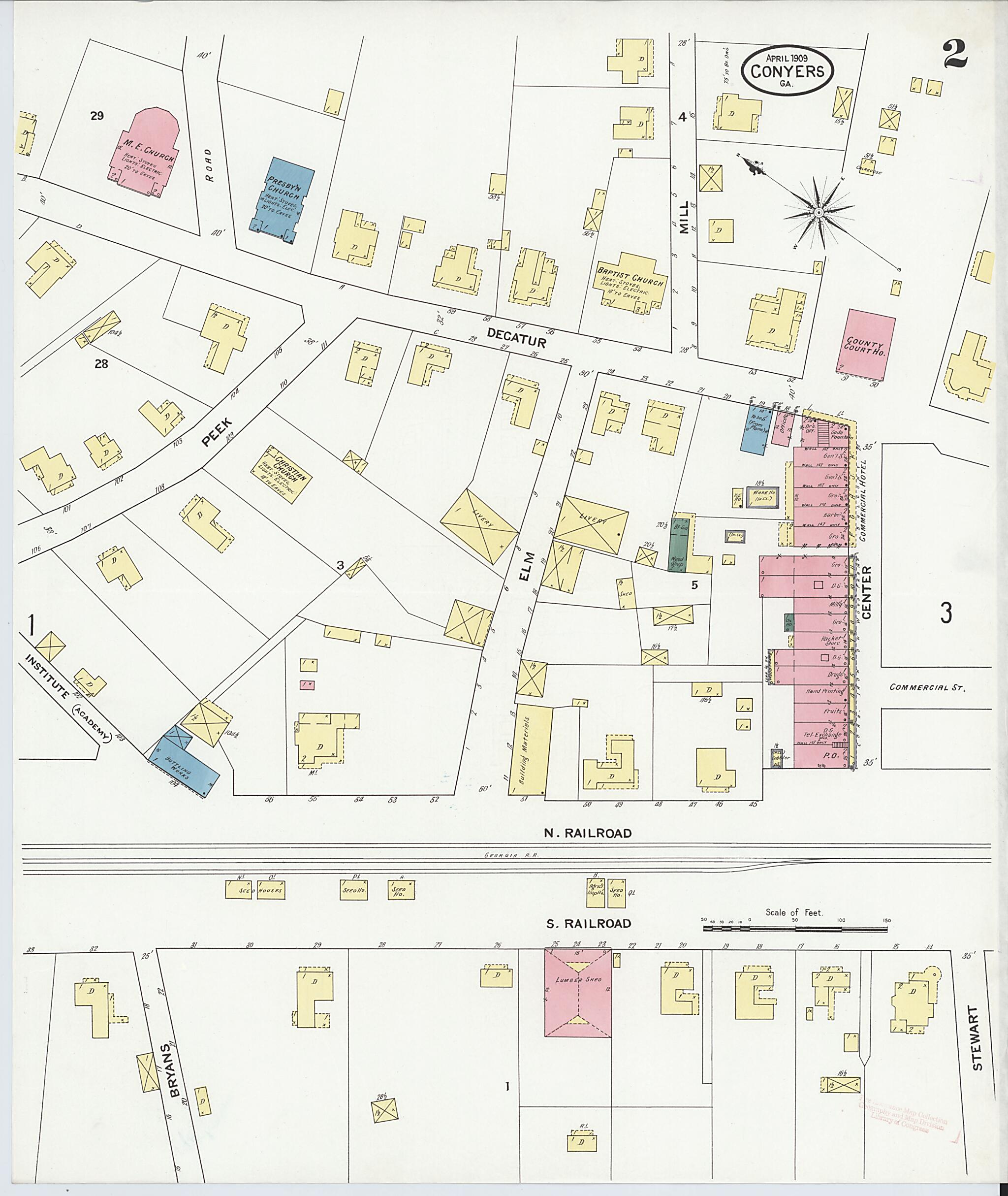 This old map of Conyers, Rockdale County, Georgia was created by Sanborn Map Company in 1909