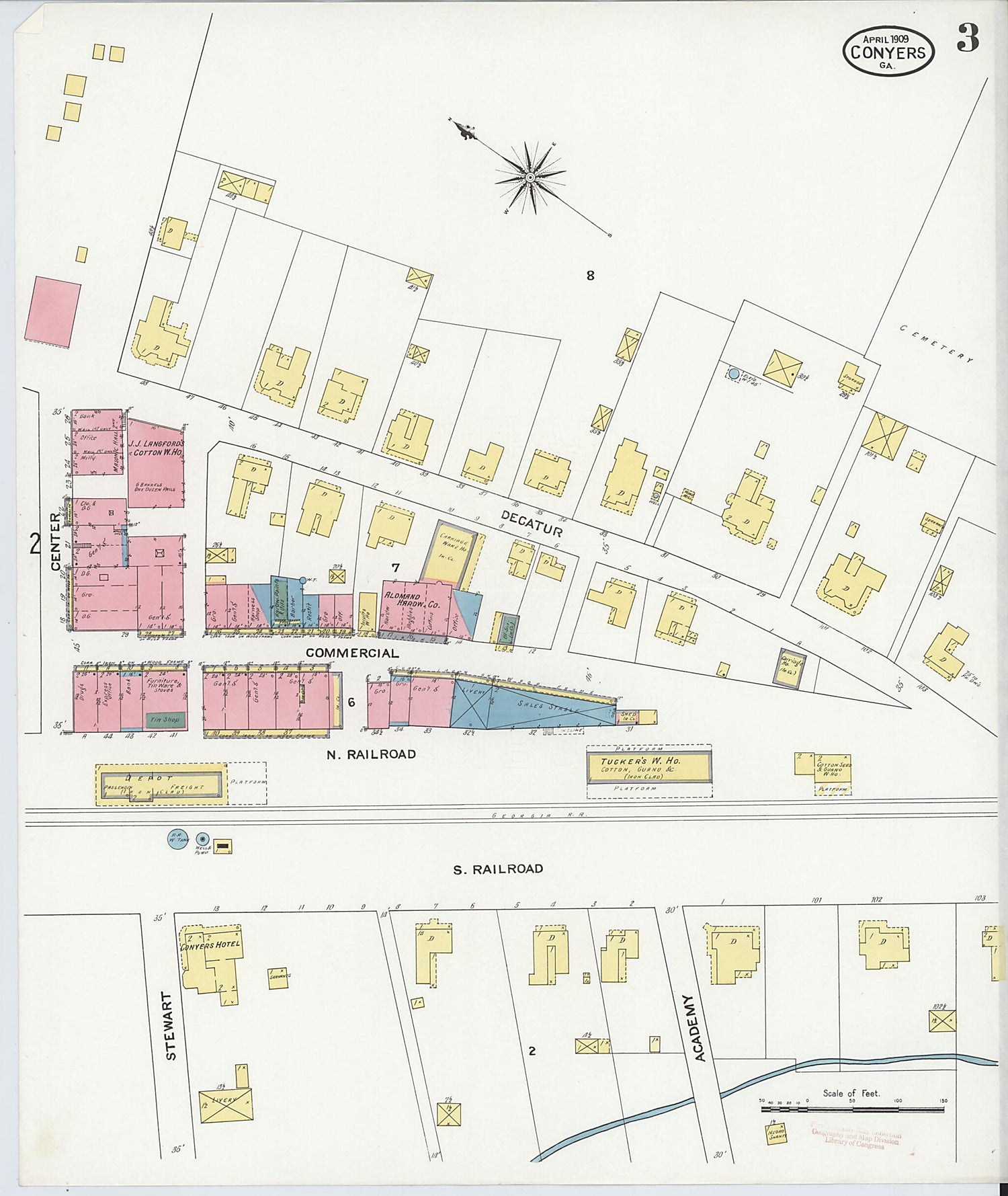 This old map of Conyers, Rockdale County, Georgia was created by Sanborn Map Company in 1909