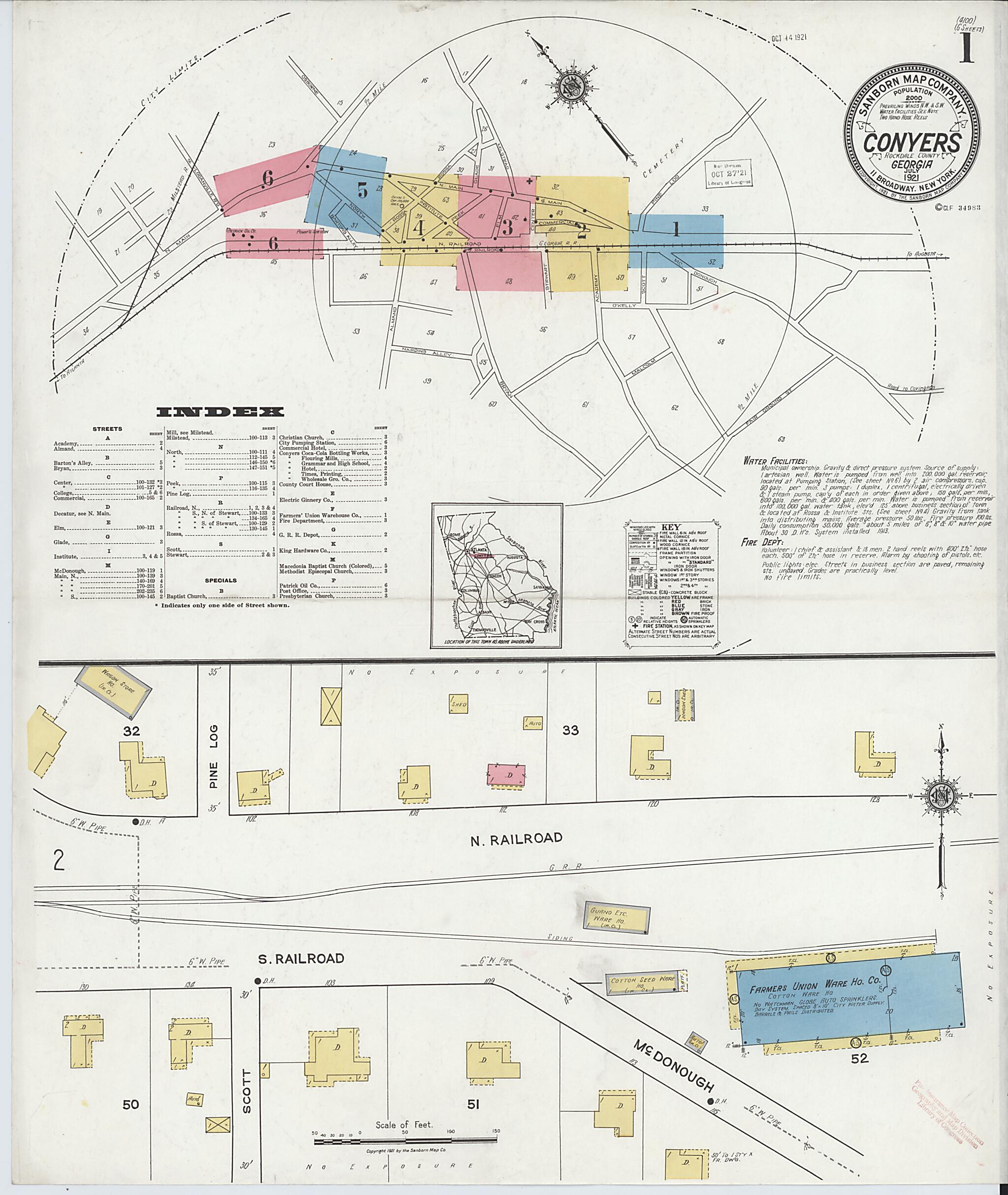 This old map of Conyers, Rockdale County, Georgia was created by Sanborn Map Company in 1921