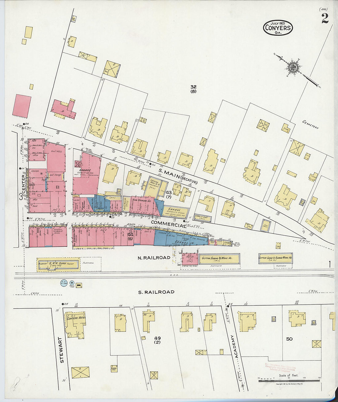 This old map of Conyers, Rockdale County, Georgia was created by Sanborn Map Company in 1921