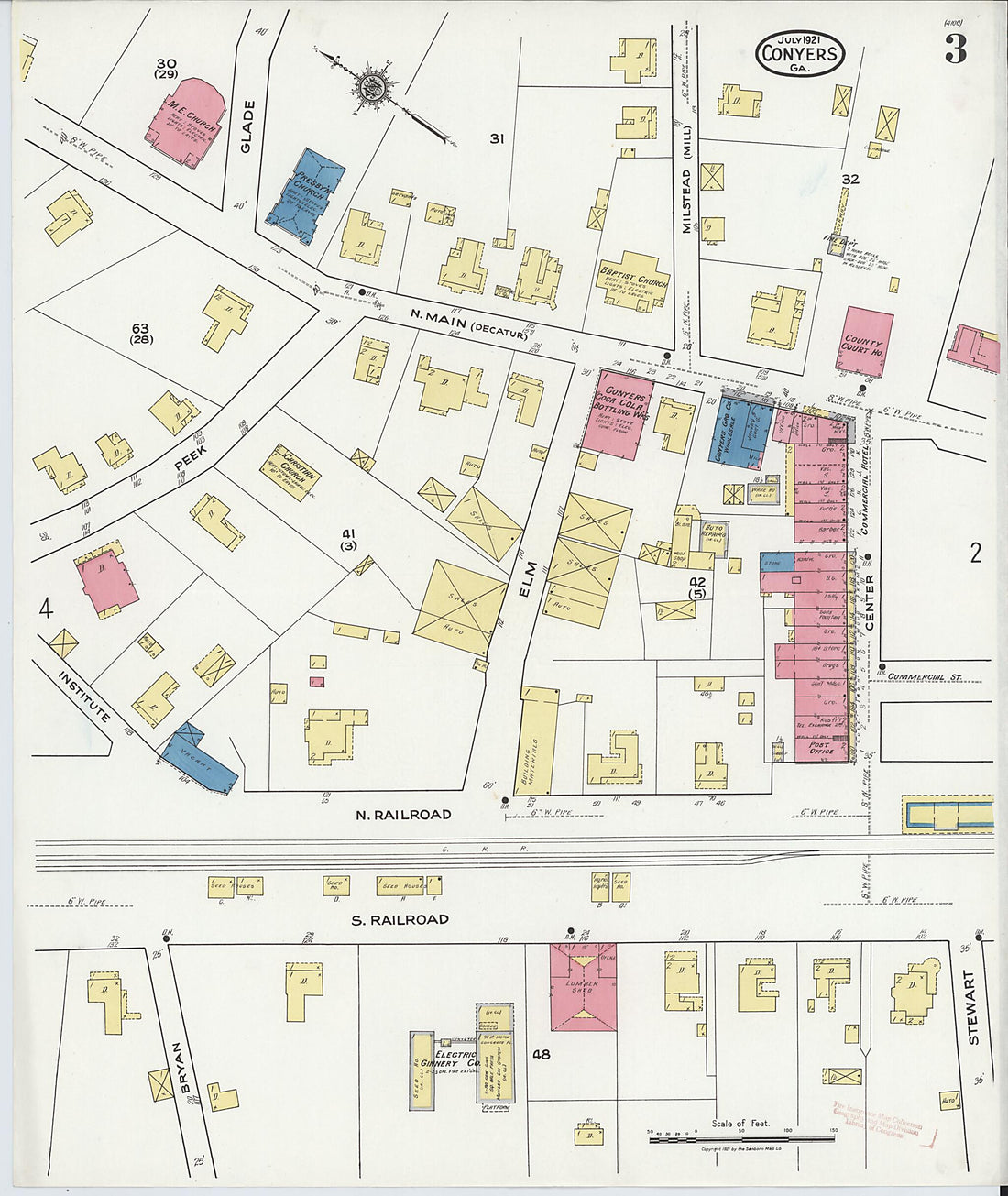 This old map of Conyers, Rockdale County, Georgia was created by Sanborn Map Company in 1921