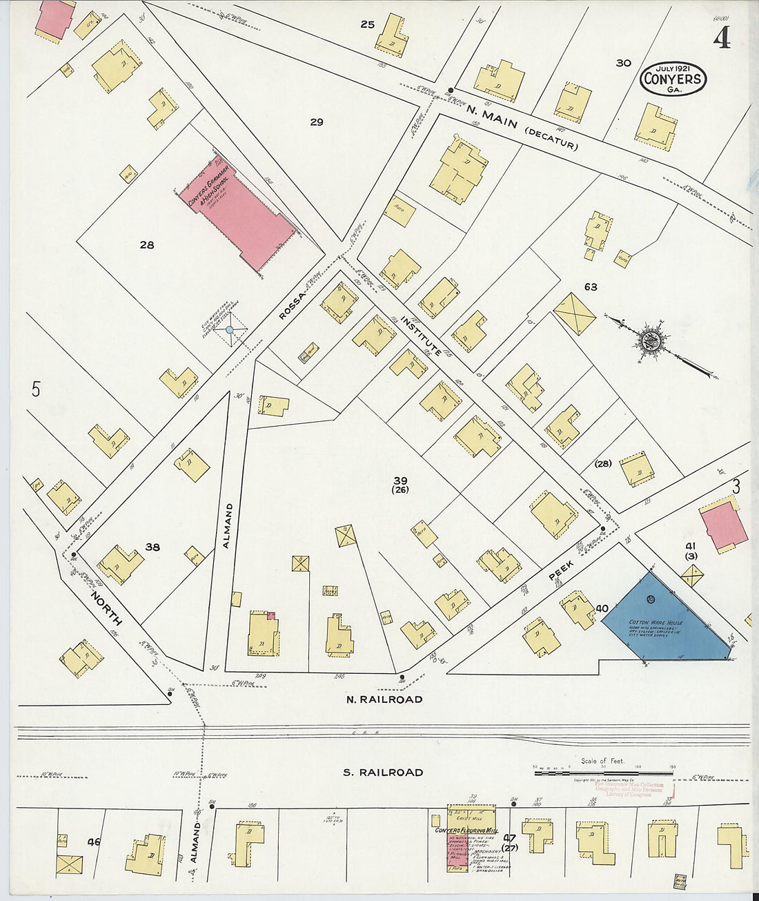 This old map of Conyers, Rockdale County, Georgia was created by Sanborn Map Company in 1921