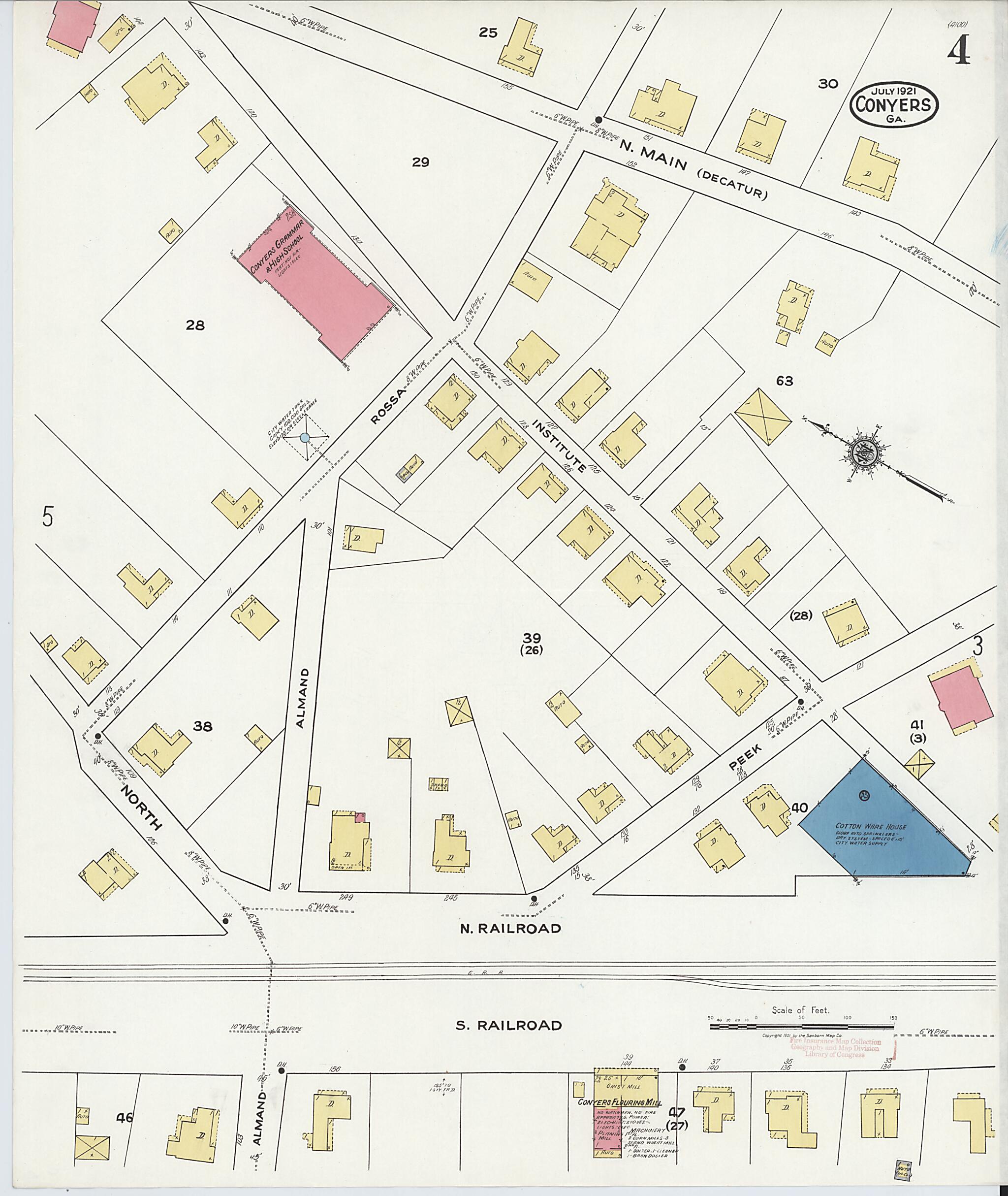 This old map of Conyers, Rockdale County, Georgia was created by Sanborn Map Company in 1921