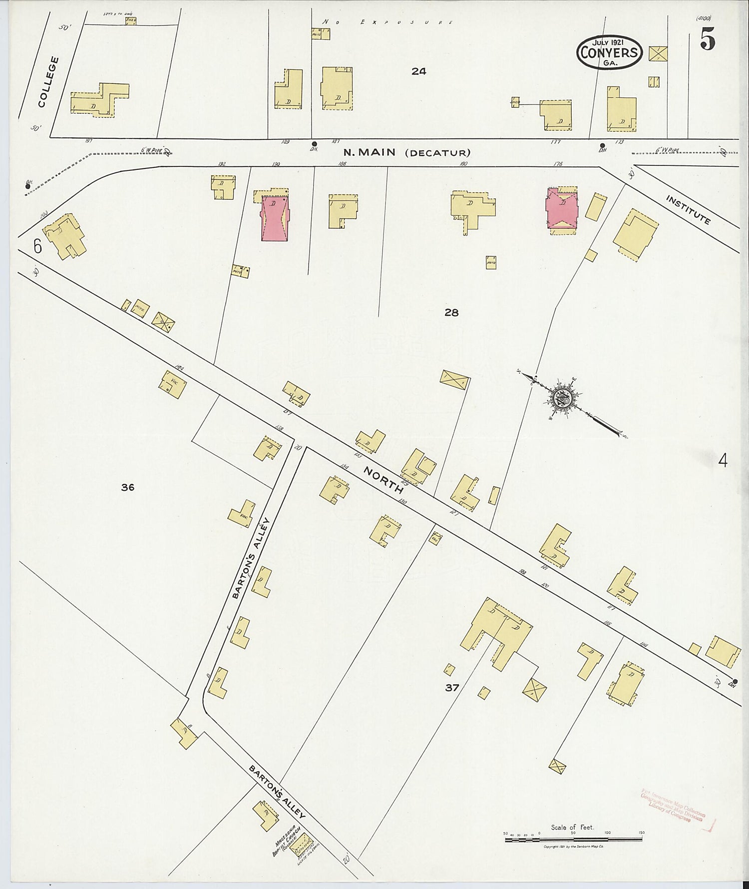 This old map of Conyers, Rockdale County, Georgia was created by Sanborn Map Company in 1921