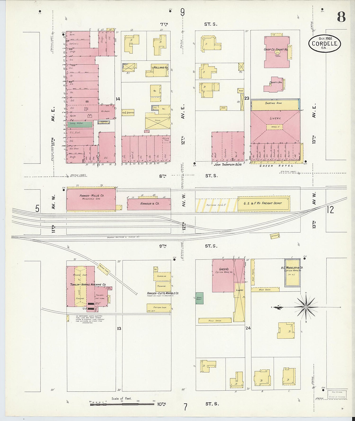 This old map of Cordele, Crisp County, Georgia was created by Sanborn Map Company in 1908