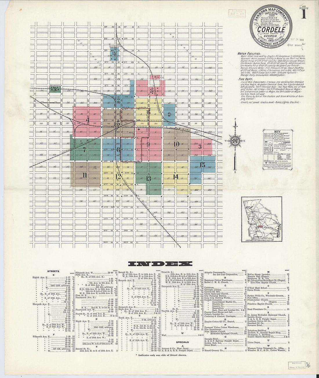 This old map of Cordele, Crisp County, Georgia was created by Sanborn Map Company in 1913