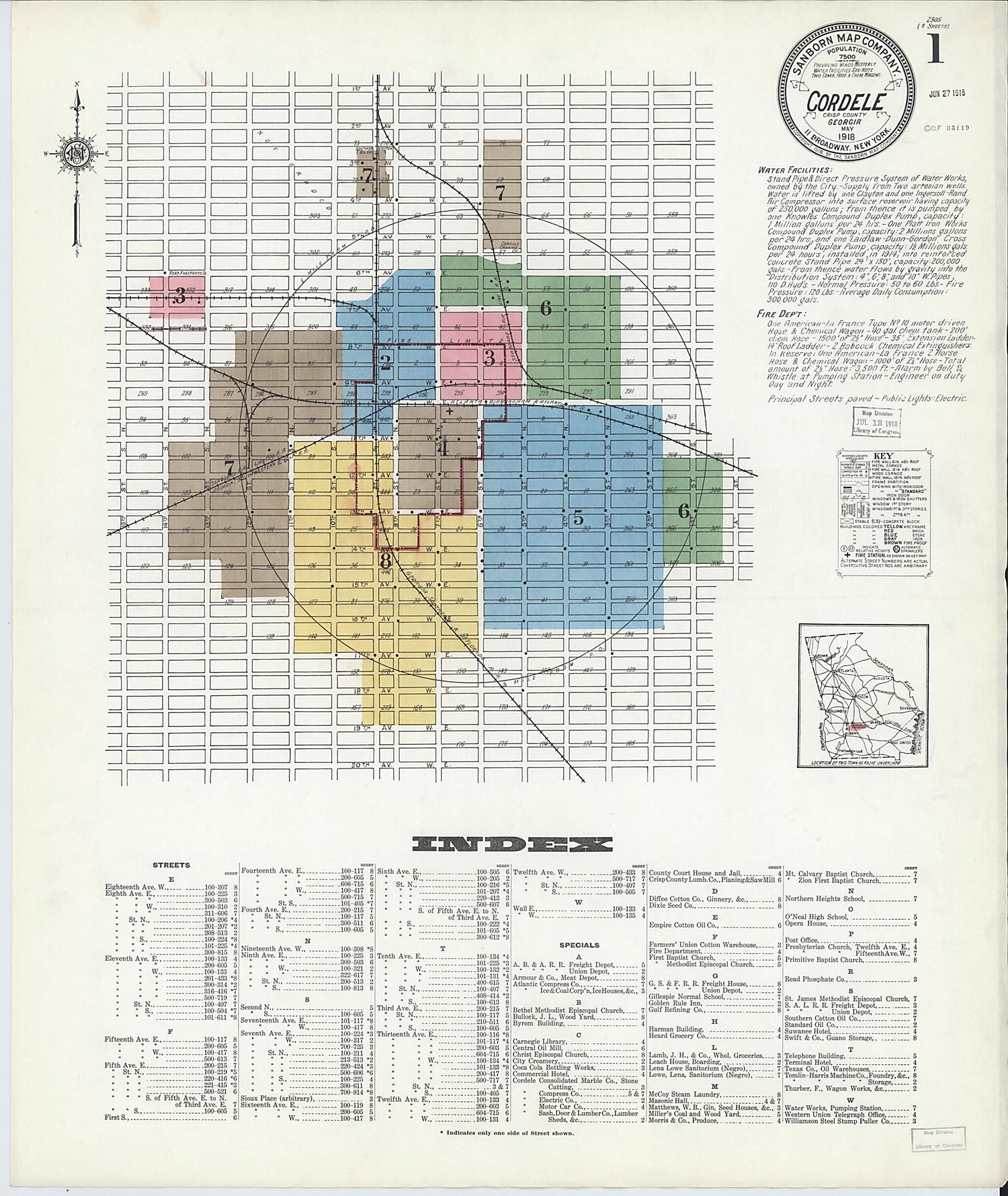 This old map of Cordele, Crisp County, Georgia was created by Sanborn Map Company in 1918