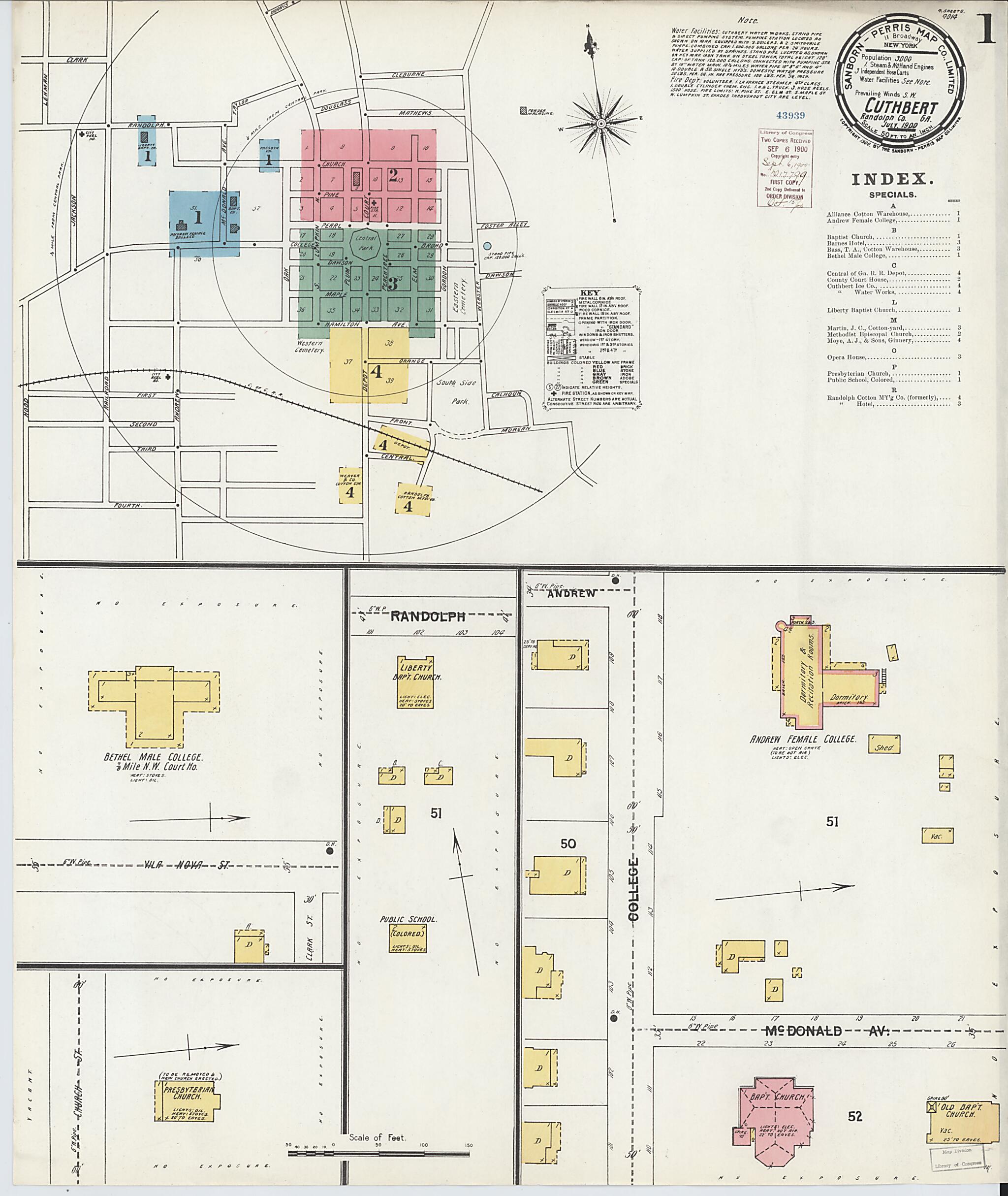 This old map of Cuthbert, Randolph County, Georgia was created by Sanborn Map Company in 1900