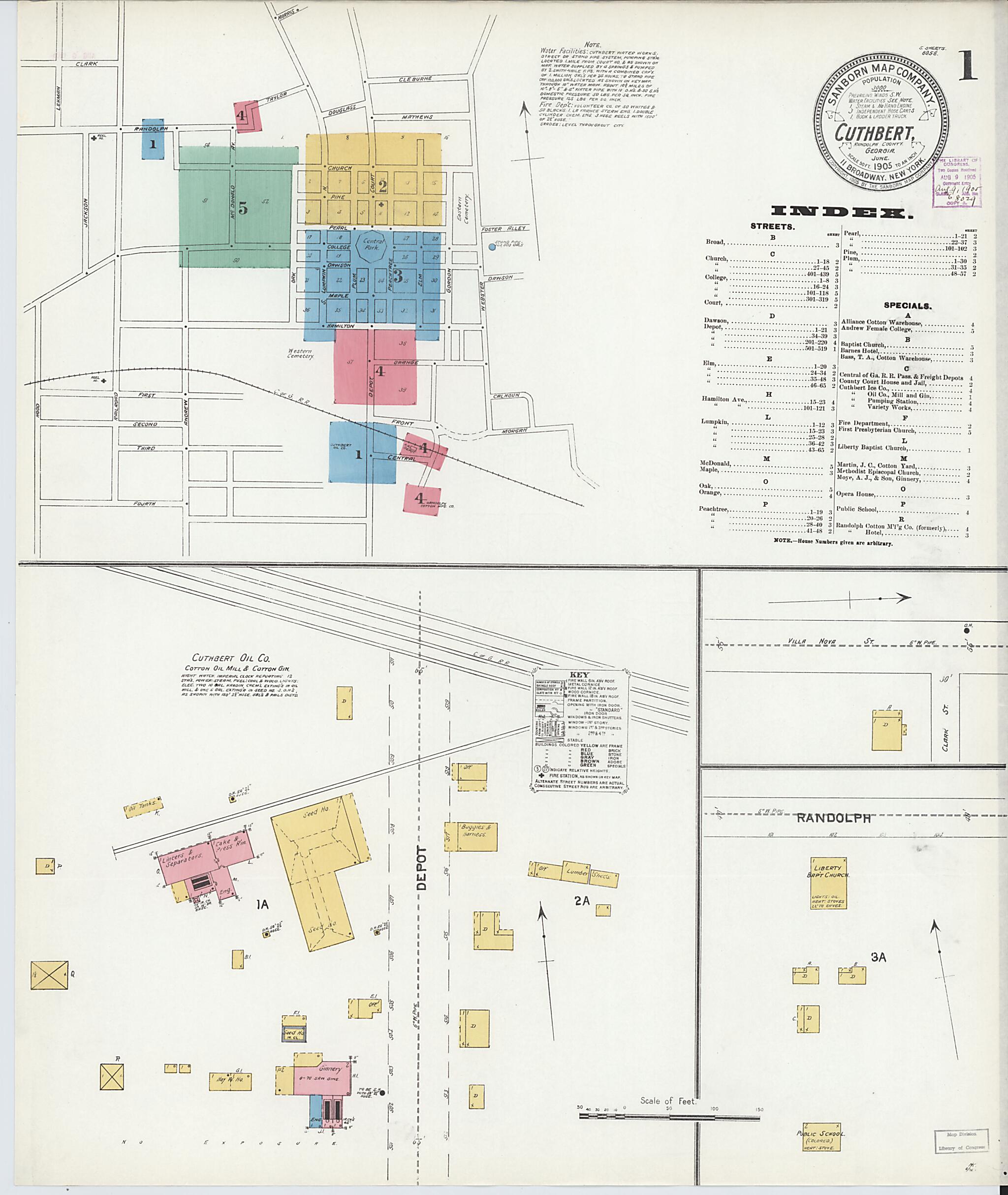 This old map of Cuthbert, Randolph County, Georgia was created by Sanborn Map Company in 1905