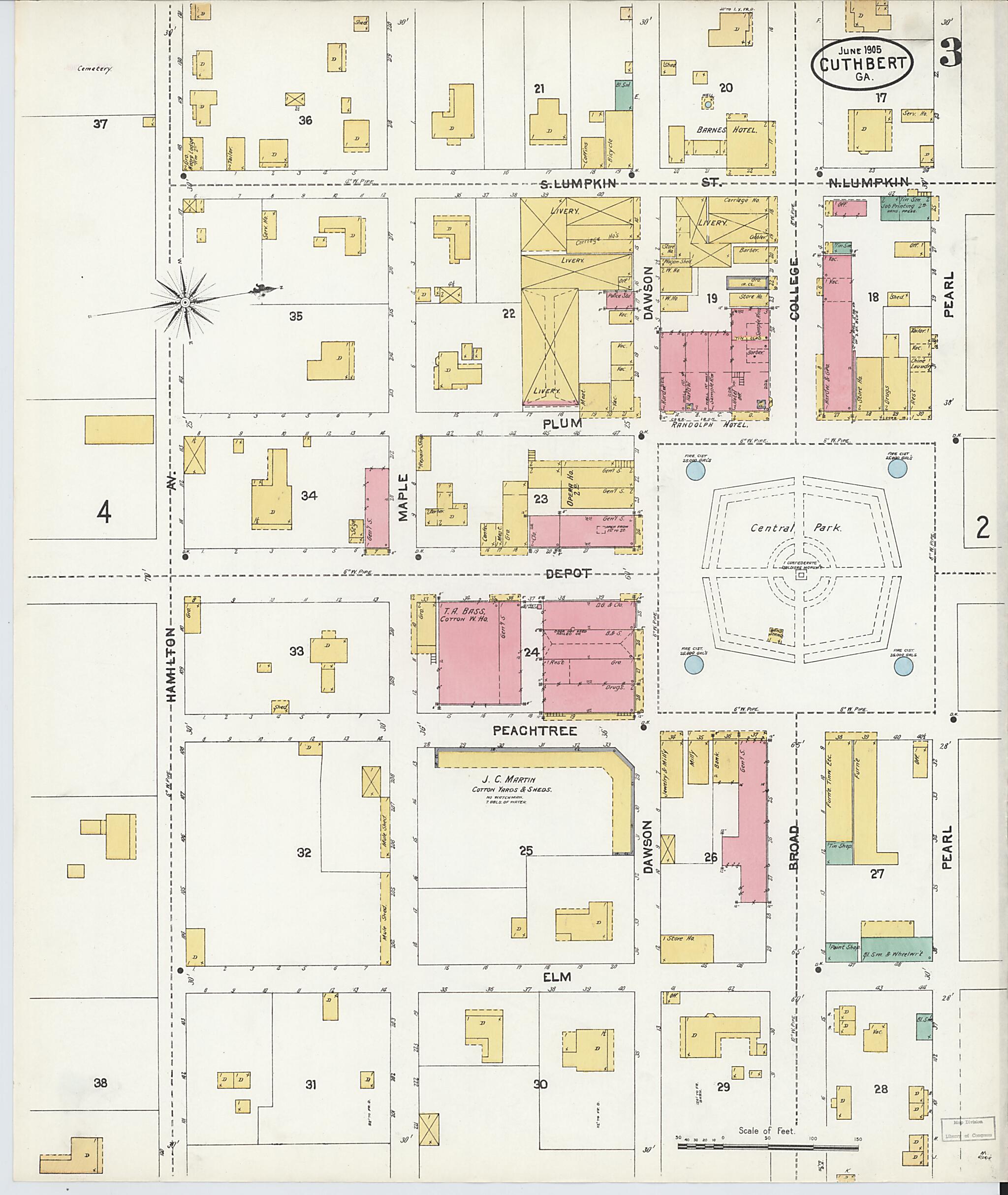 This old map of Cuthbert, Randolph County, Georgia was created by Sanborn Map Company in 1905