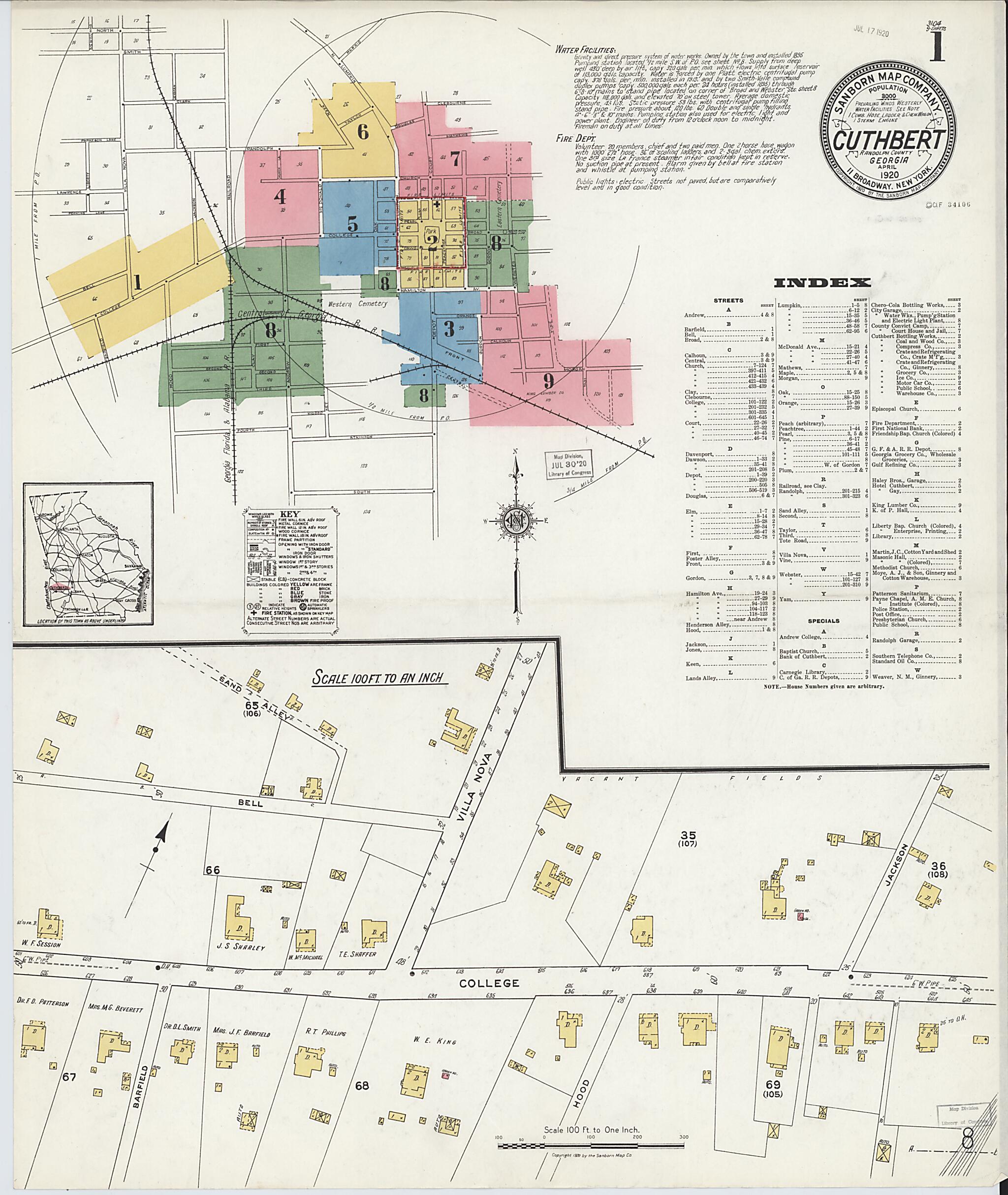 This old map of Cuthbert, Randolph County, Georgia was created by Sanborn Map Company in 1920