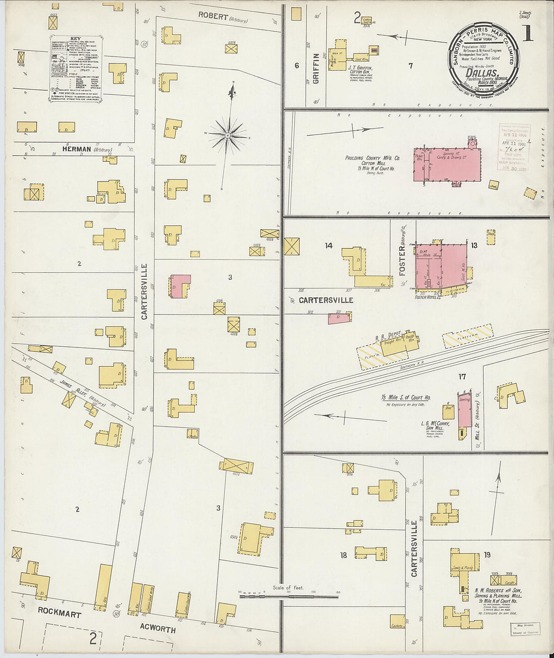 This old map of Dallas, Paulding County, Georgia was created by Sanborn Map Company in 1900