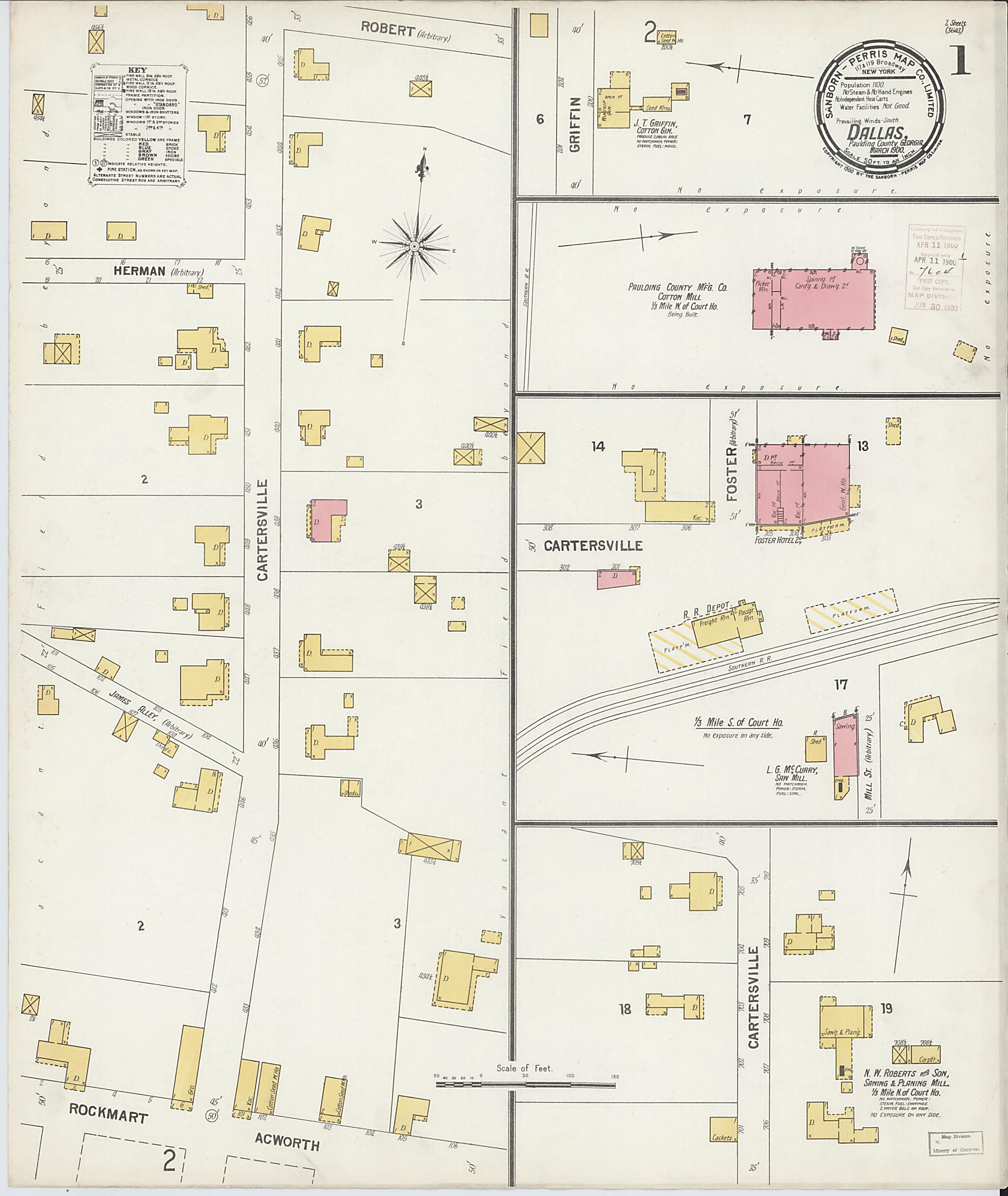 This old map of Dallas, Paulding County, Georgia was created by Sanborn Map Company in 1900