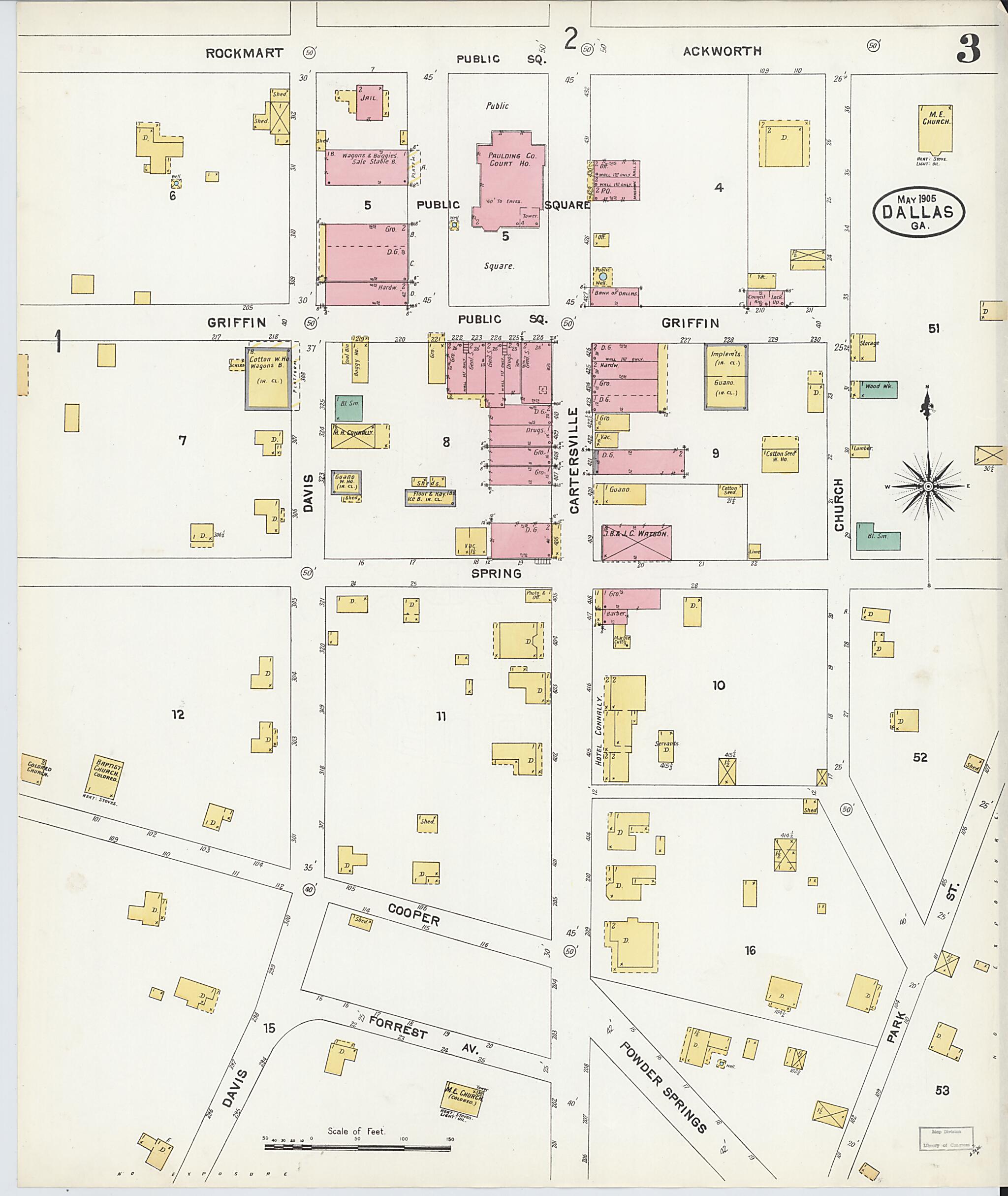 This old map of Dallas, Paulding County, Georgia was created by Sanborn Map Company in 1905