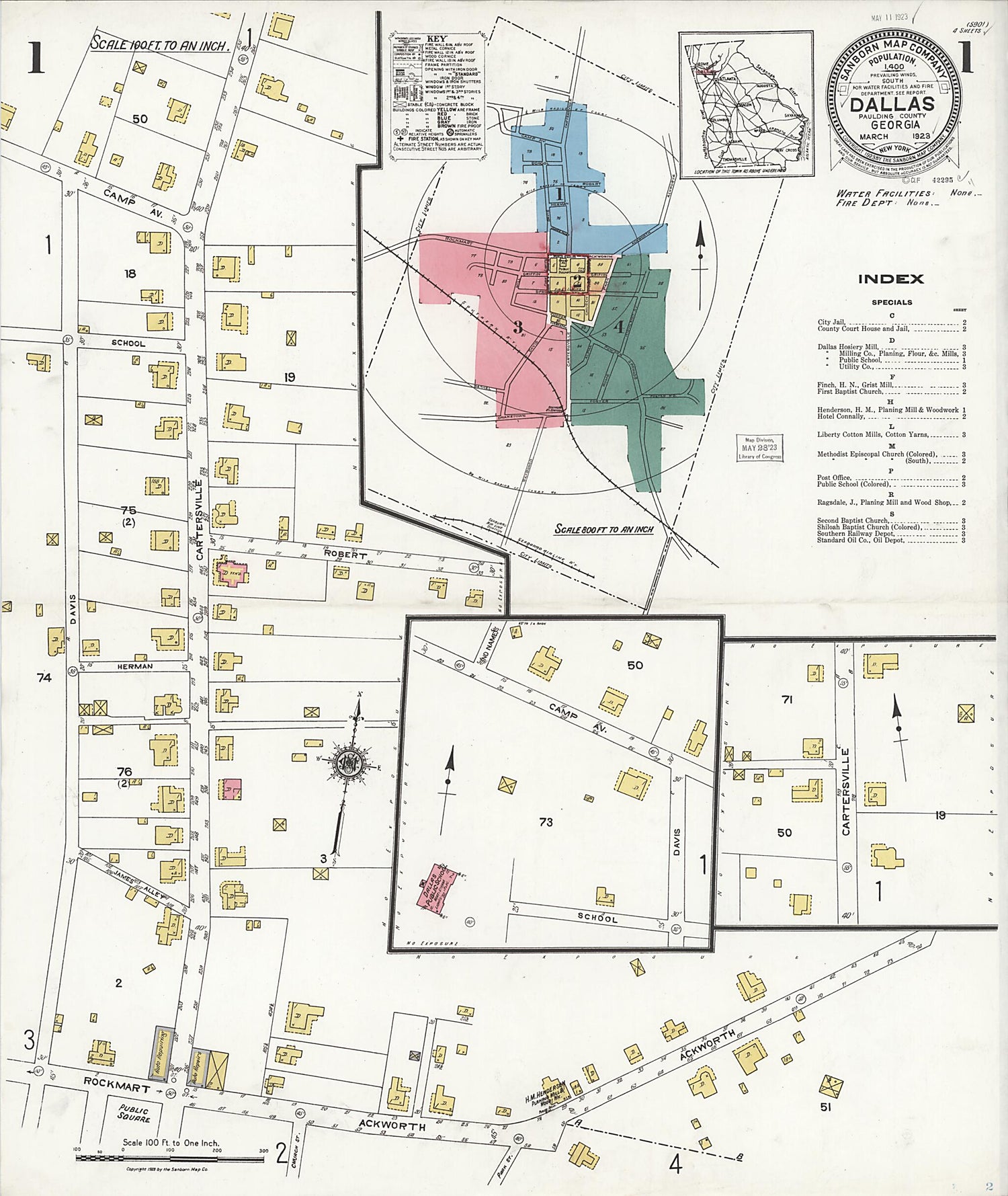 This old map of Dallas, Paulding County, Georgia was created by Sanborn Map Company in 1923