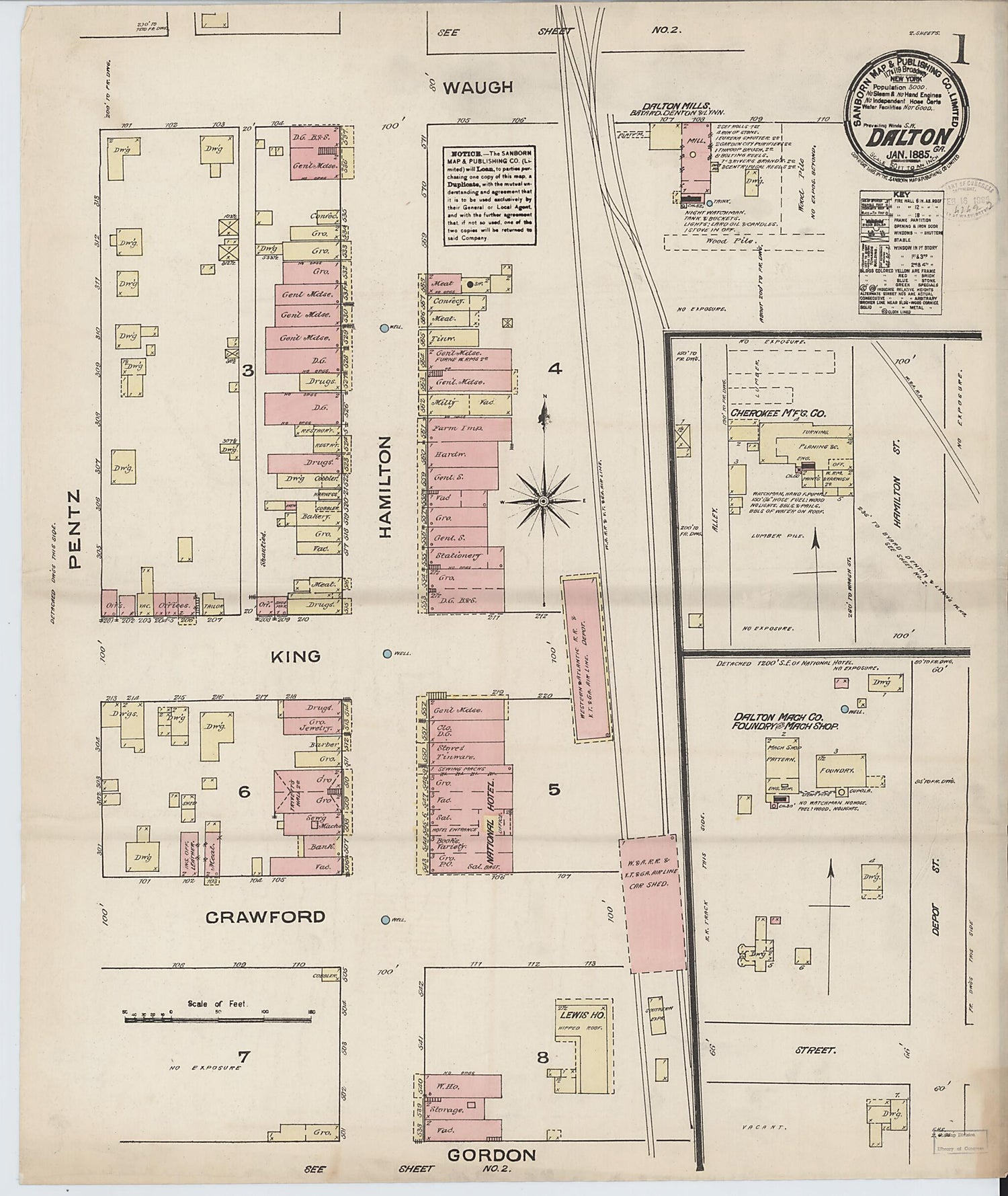 This old map of Dalton, Whitfield County, Georgia was created by Sanborn Map Company in 1885