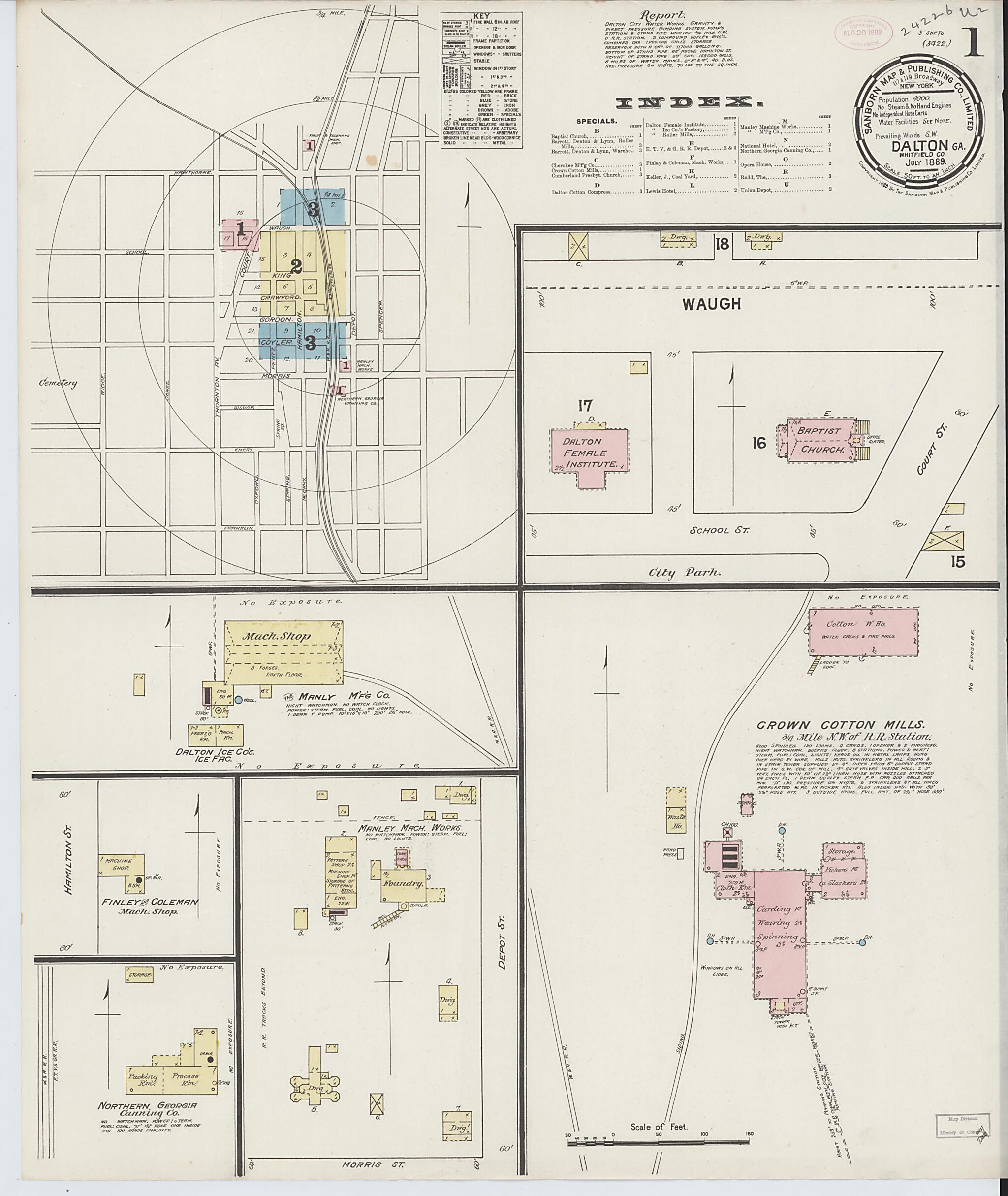 This old map of Dalton, Whitfield County, Georgia was created by Sanborn Map Company in 1889