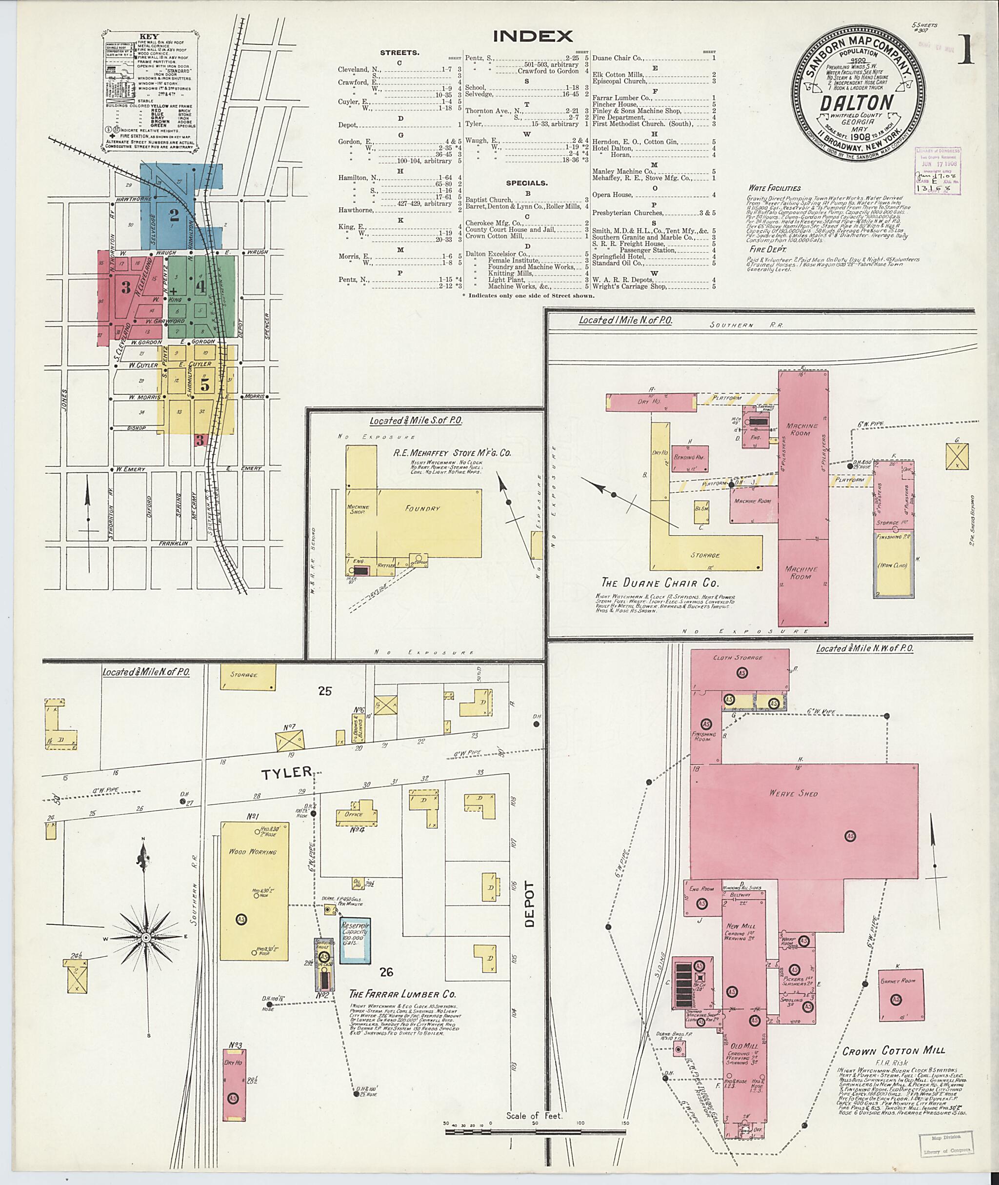 This old map of Dalton, Whitfield County, Georgia was created by Sanborn Map Company in 1908