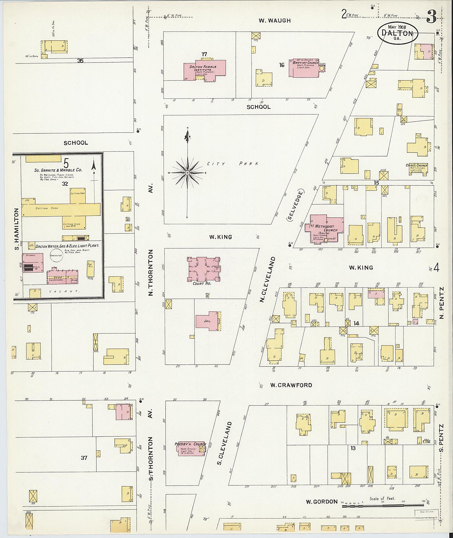 This old map of Dalton, Whitfield County, Georgia was created by Sanborn Map Company in 1908