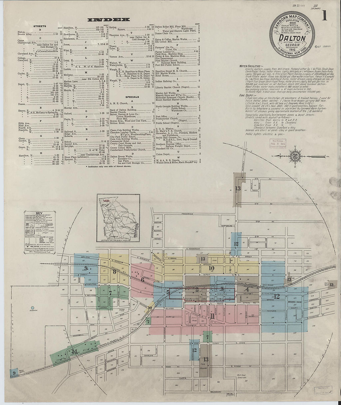 This old map of Dalton, Whitfield County, Georgia was created by Sanborn Map Company in 1914