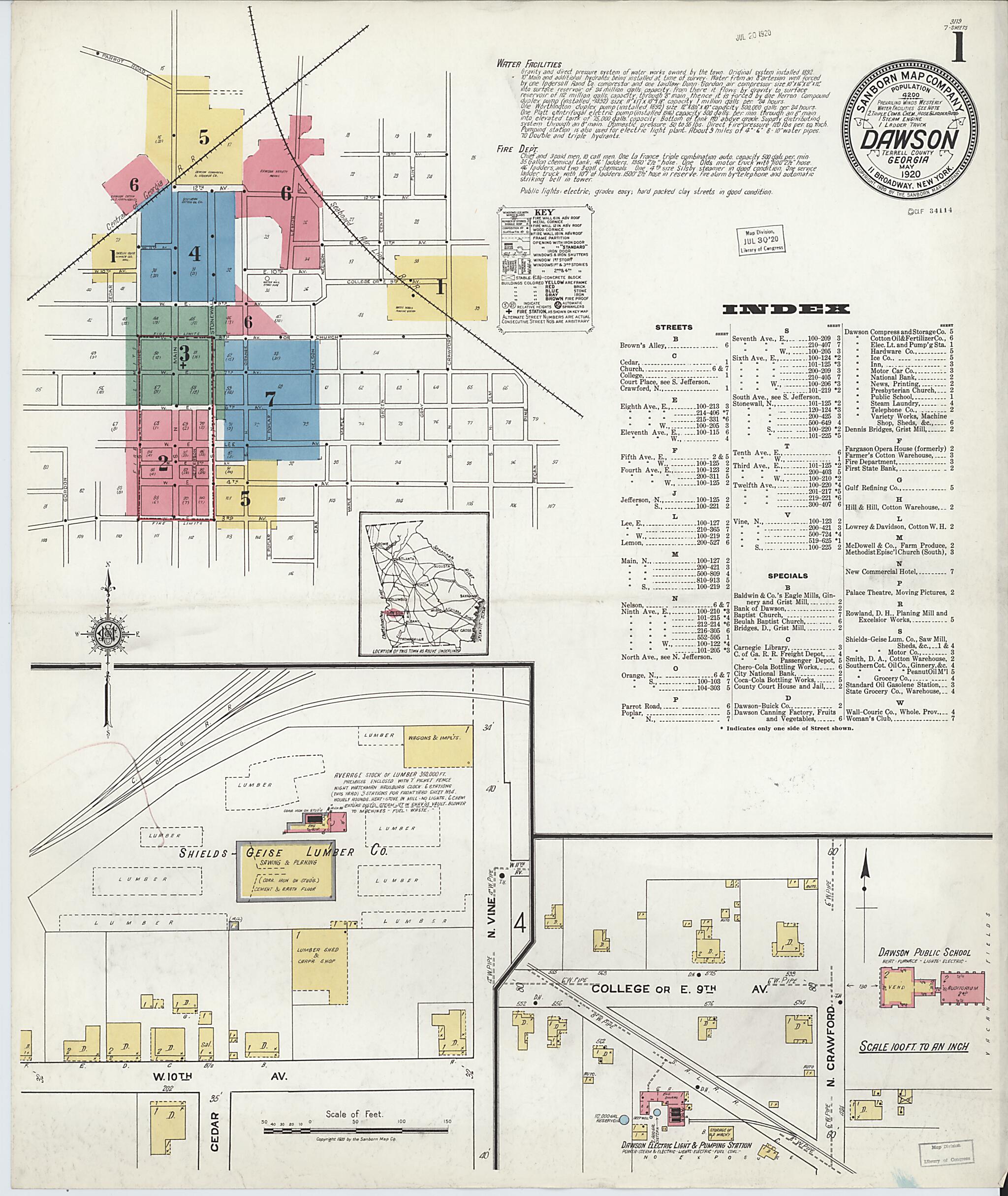 This old map of Dawson, Terrell County, Georgia was created by Sanborn Map Company in 1920