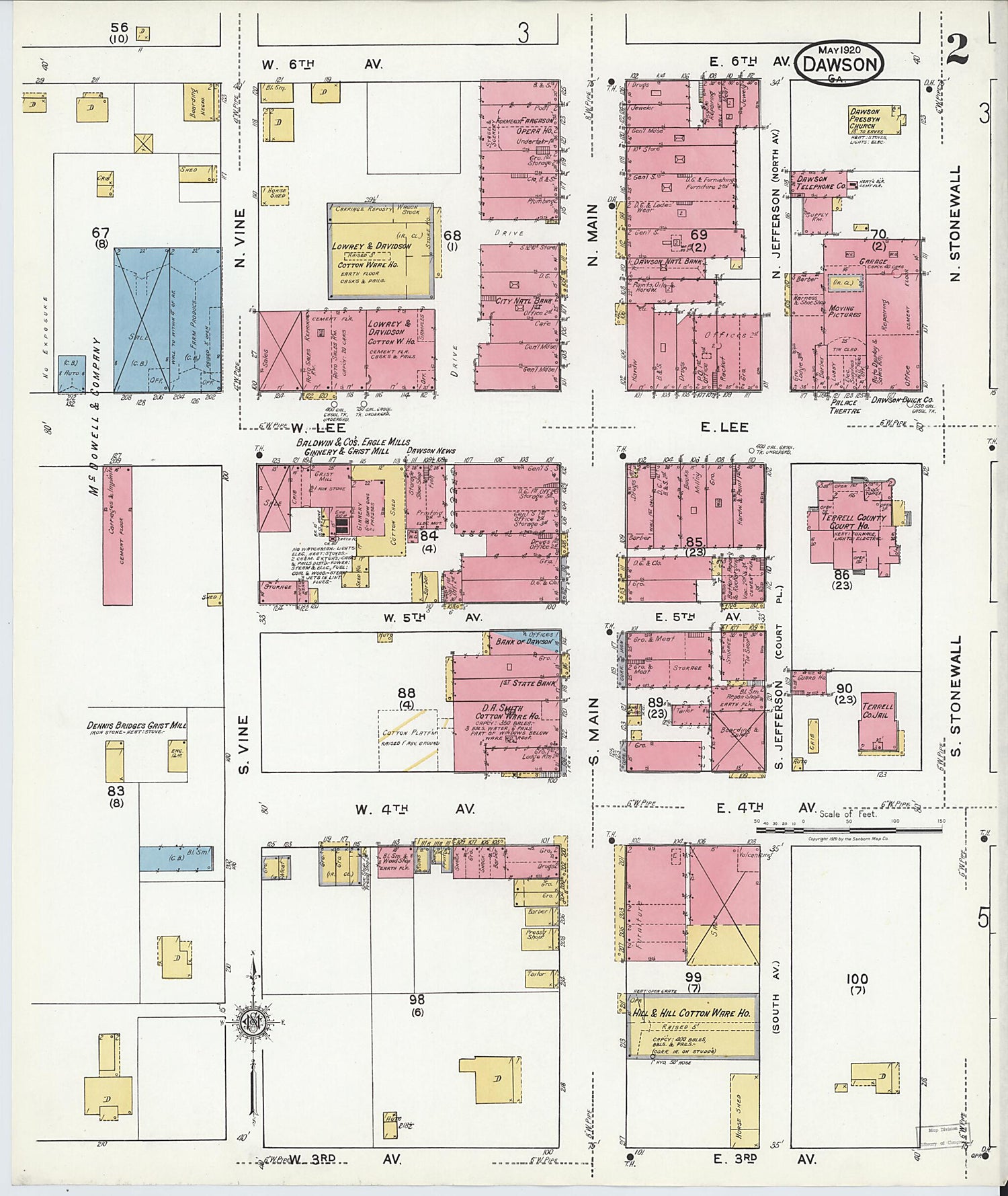 This old map of Dawson, Terrell County, Georgia was created by Sanborn Map Company in 1920