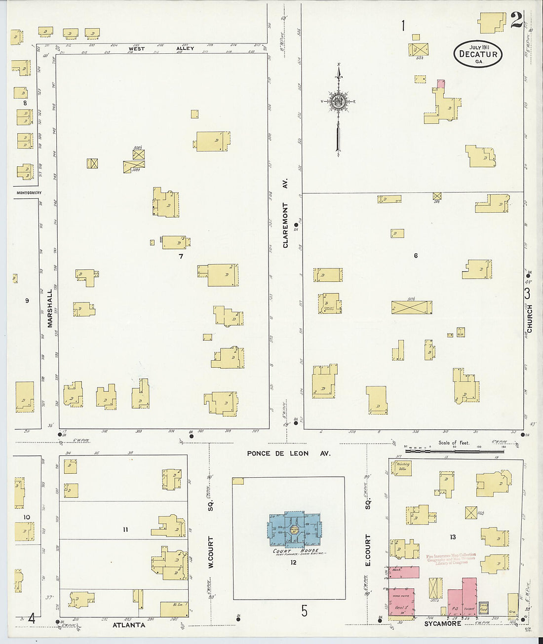 This old map of Decatur, De Kalb County, Georgia was created by Sanborn Map Company in 1911