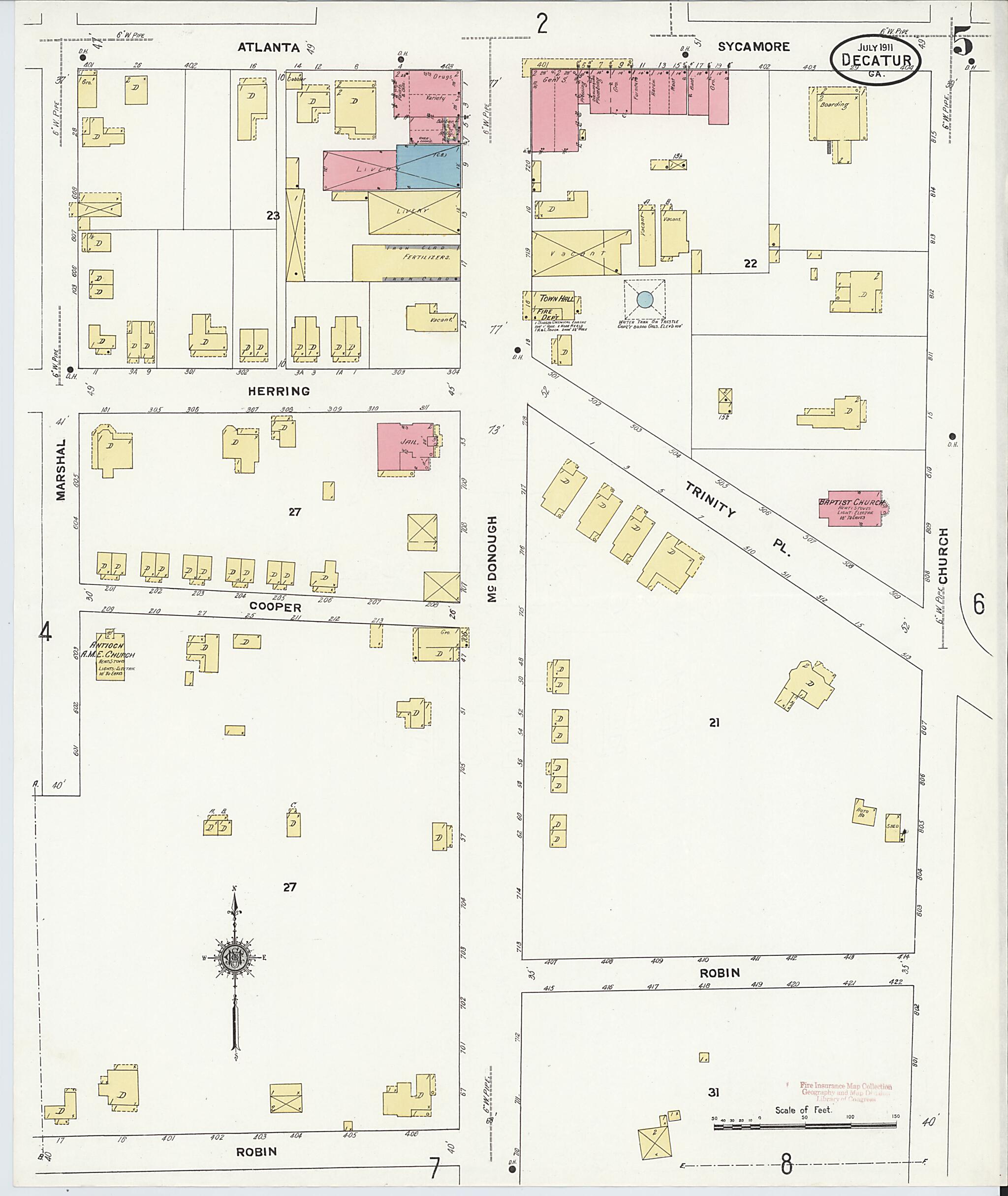 This old map of Decatur, De Kalb County, Georgia was created by Sanborn Map Company in 1911