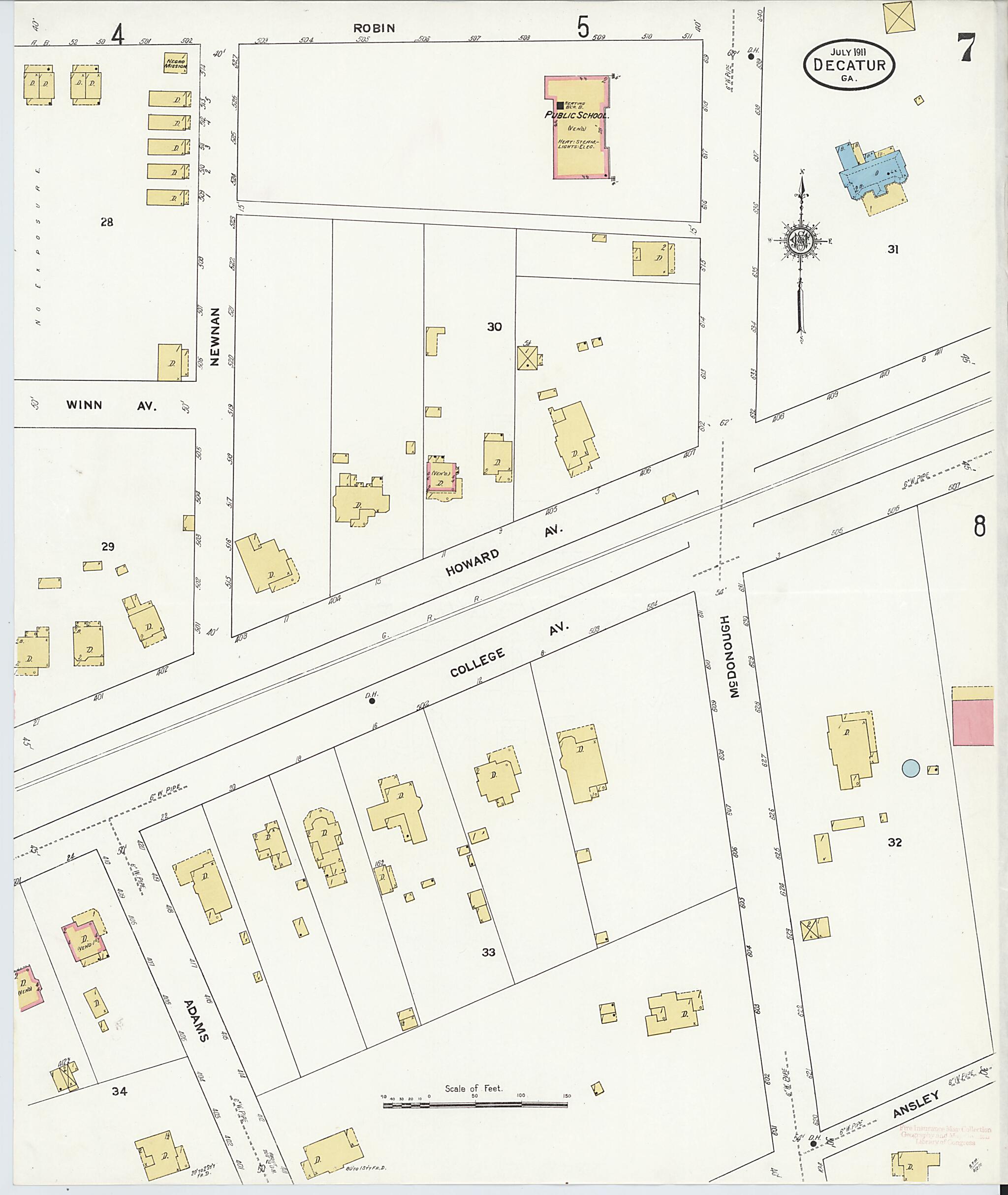 This old map of Decatur, De Kalb County, Georgia was created by Sanborn Map Company in 1911