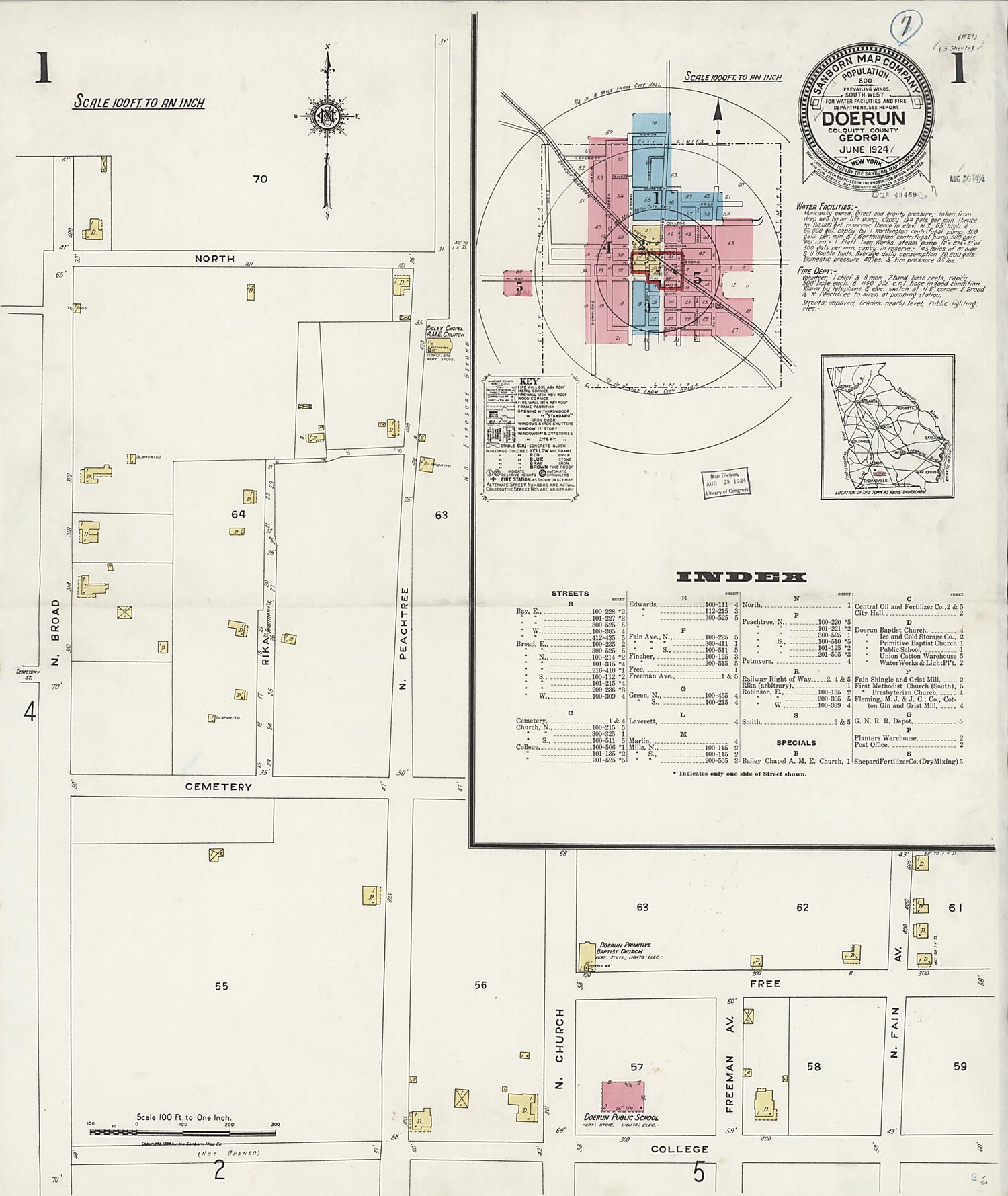 This old map of Doerun, Colquitt County, Georgia was created by Sanborn Map Company in 1924