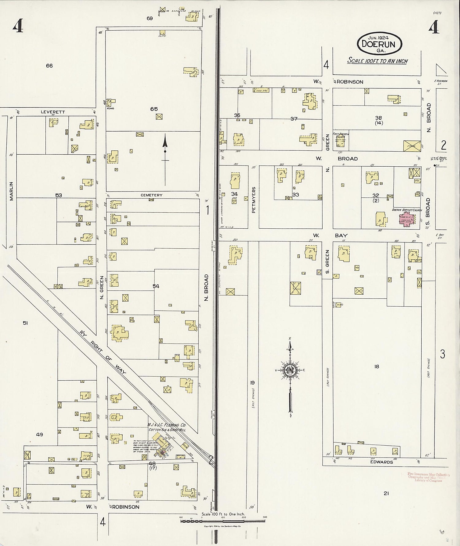 This old map of Doerun, Colquitt County, Georgia was created by Sanborn Map Company in 1924