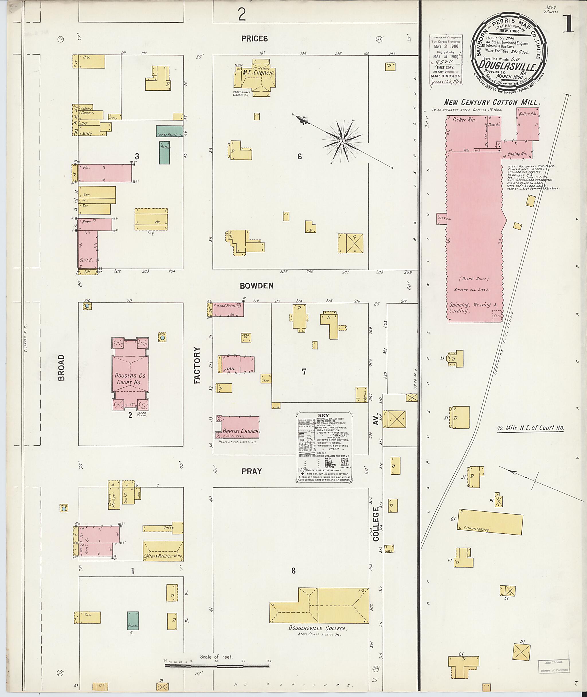 This old map of Douglasville, Douglas County, Georgia was created by Sanborn Map Company in 1900