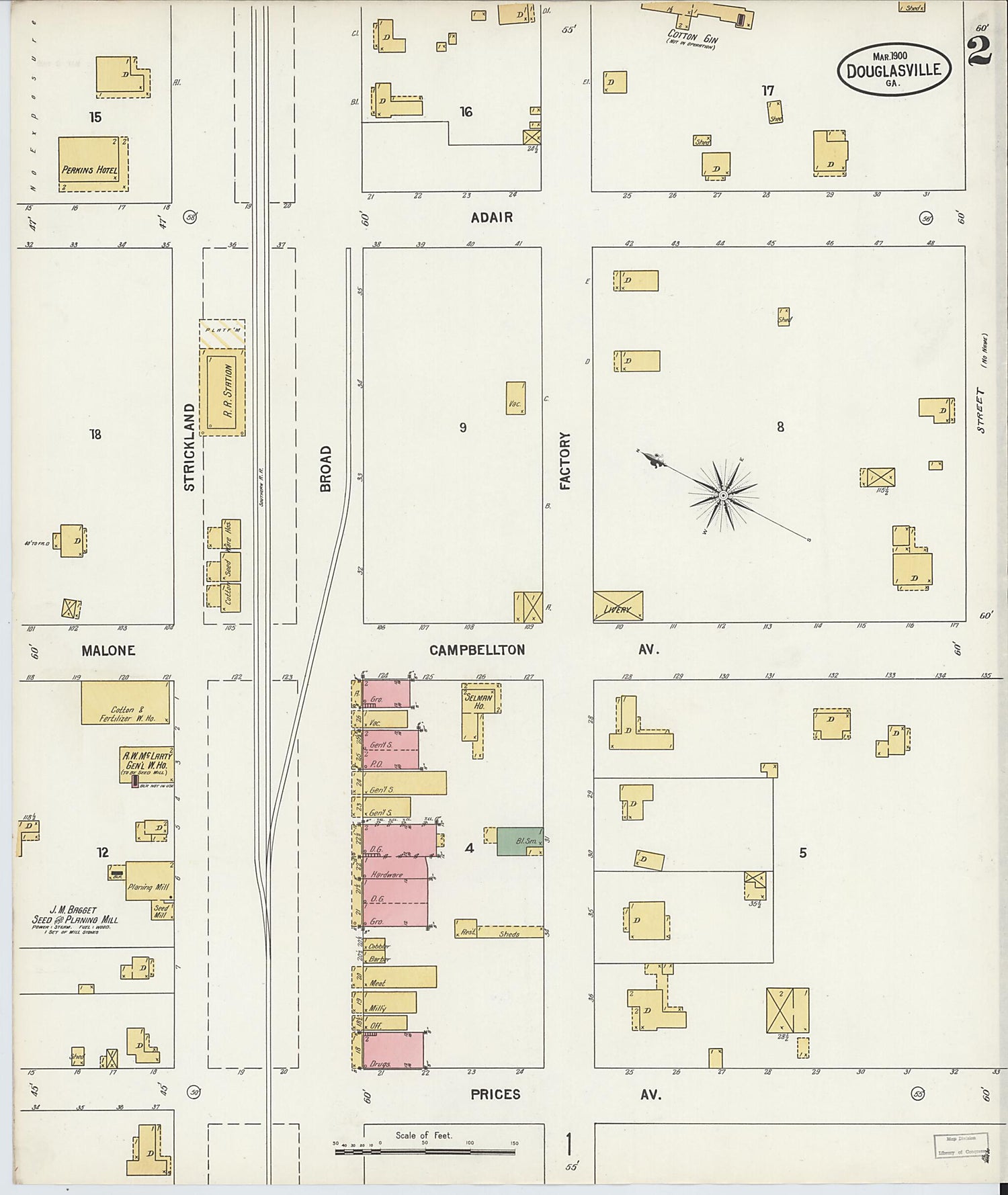 This old map of Douglasville, Douglas County, Georgia was created by Sanborn Map Company in 1900