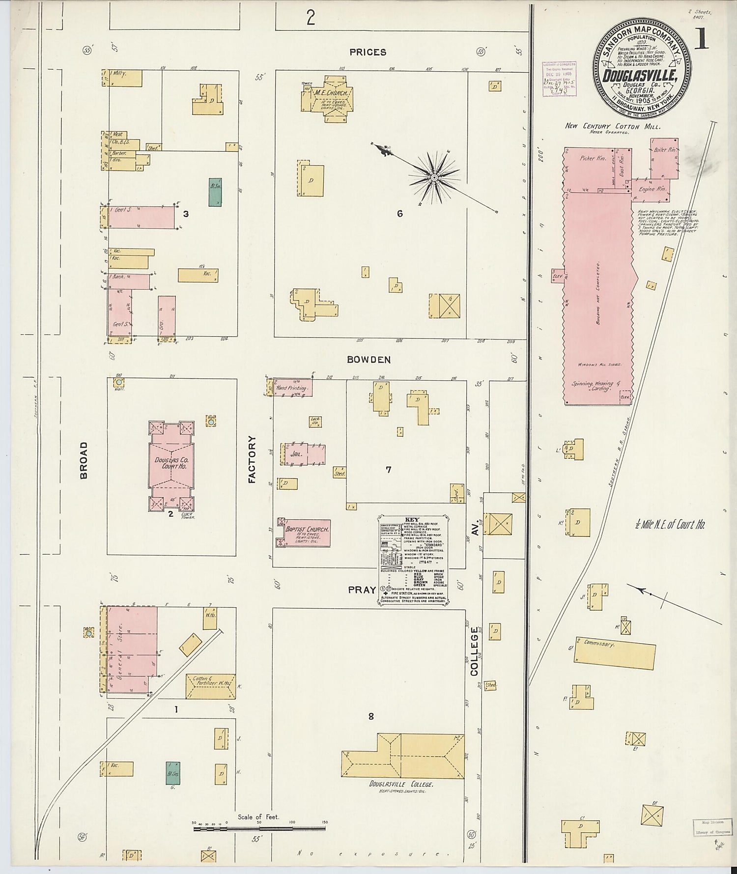 This old map of Douglasville, Douglas County, Georgia was created by Sanborn Map Company in 1905