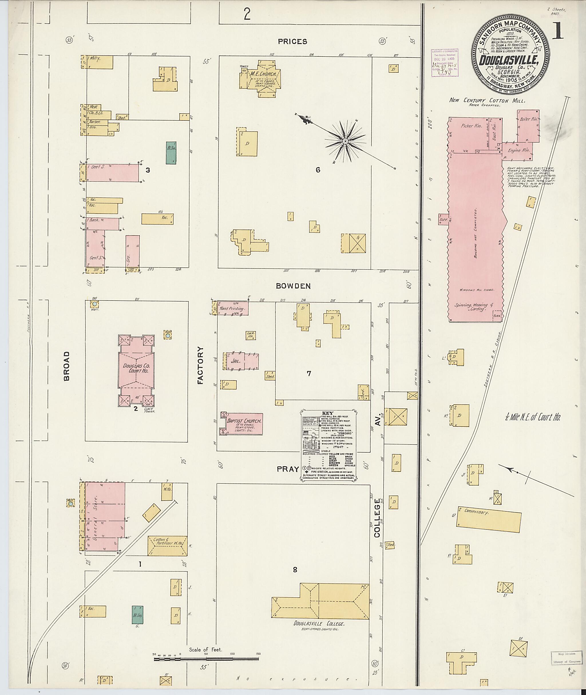 This old map of Douglasville, Douglas County, Georgia was created by Sanborn Map Company in 1905