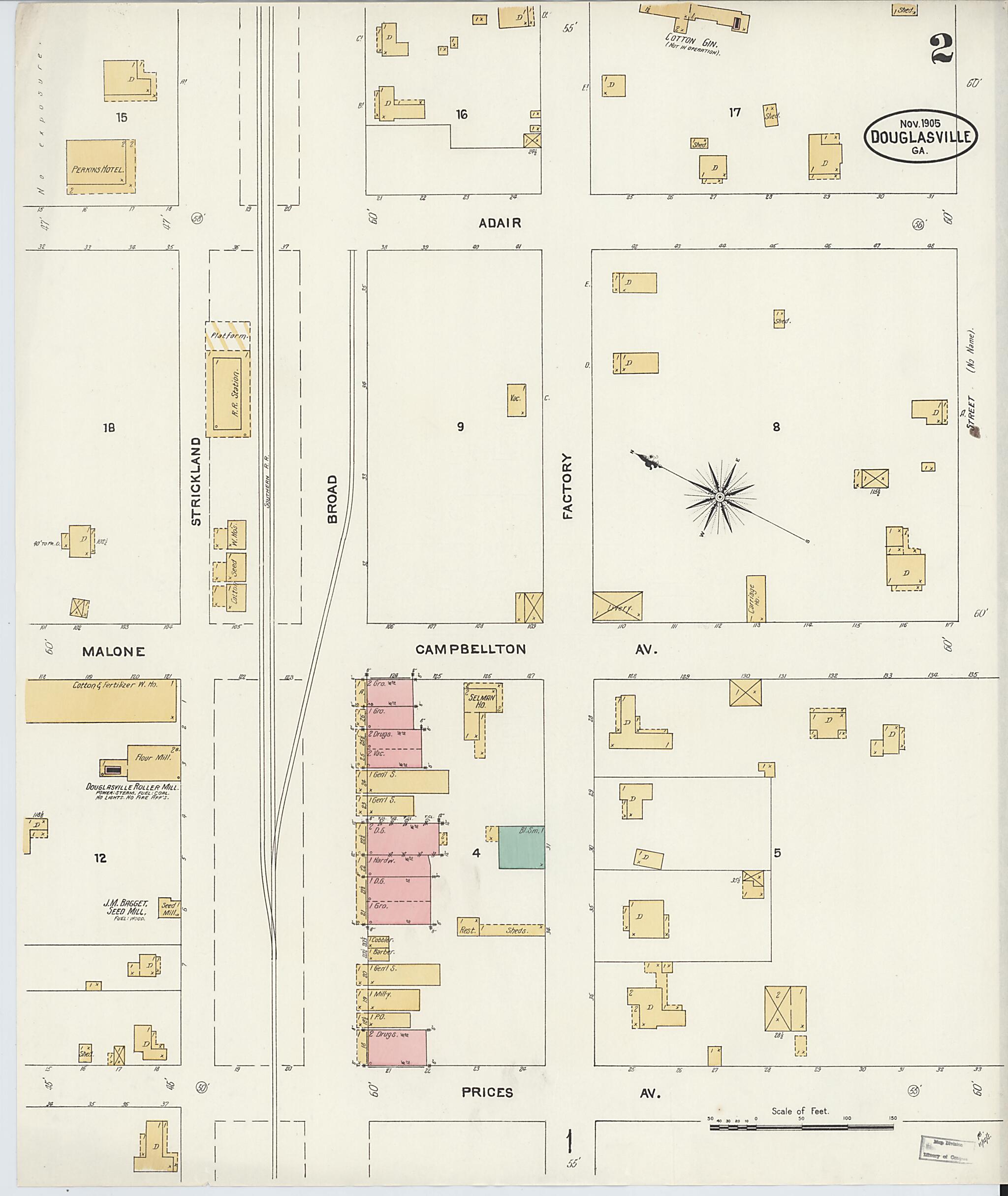 This old map of Douglasville, Douglas County, Georgia was created by Sanborn Map Company in 1905