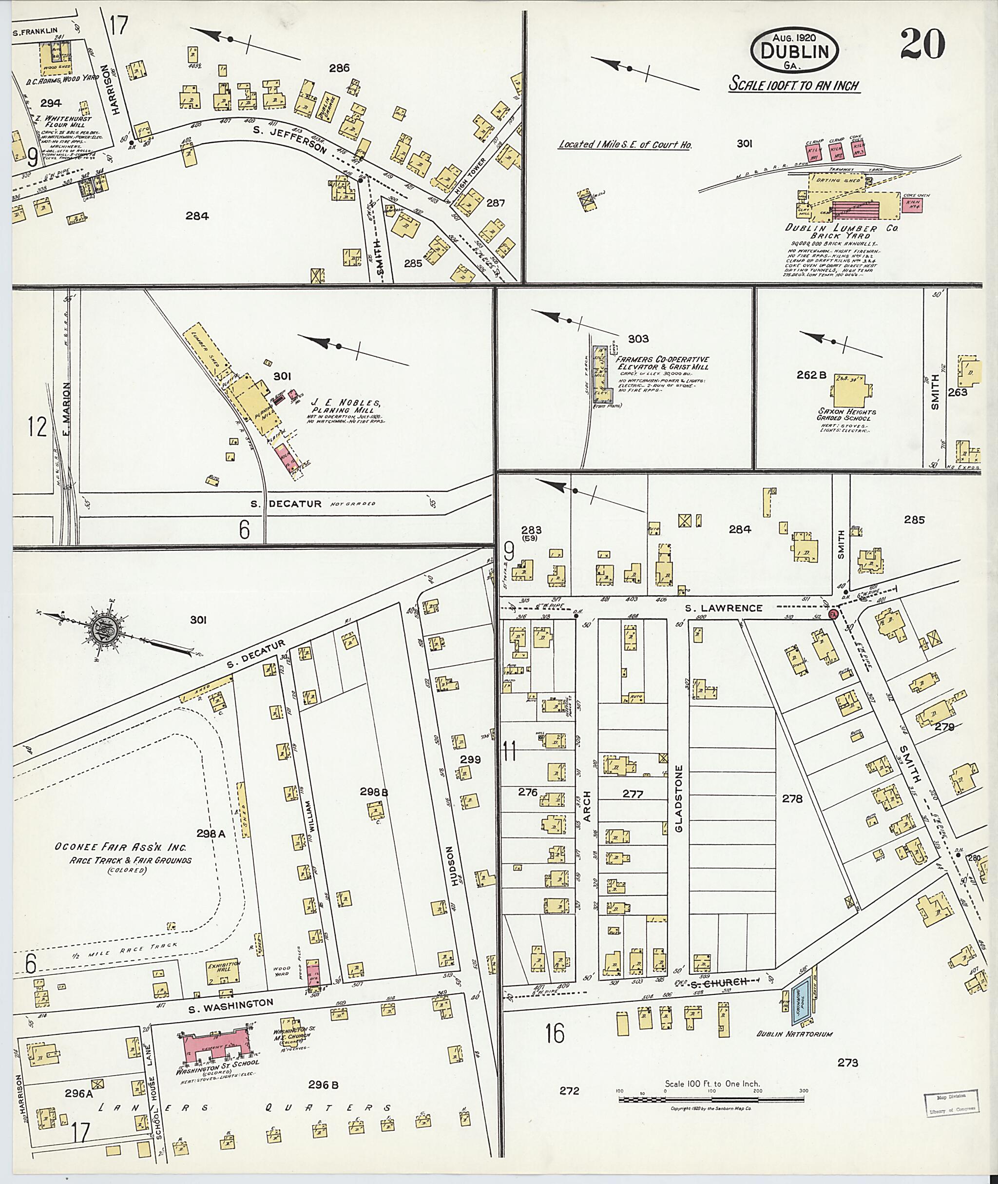 This old map of Dublin, Laurens County, Georgia was created by Sanborn Map Company in 1920