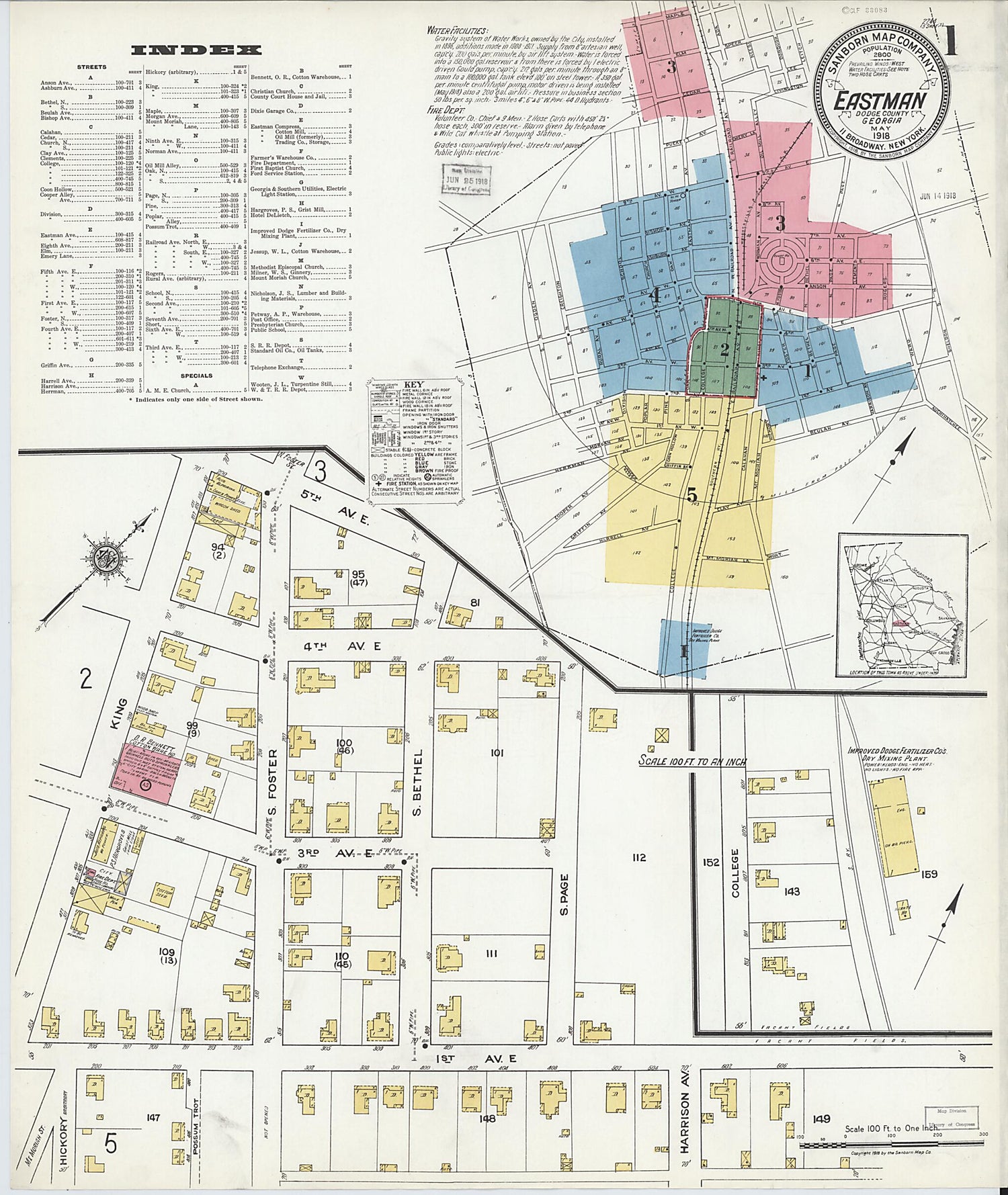 This old map of Eastman, Dodge County, Georgia was created by Sanborn Map Company in 1918