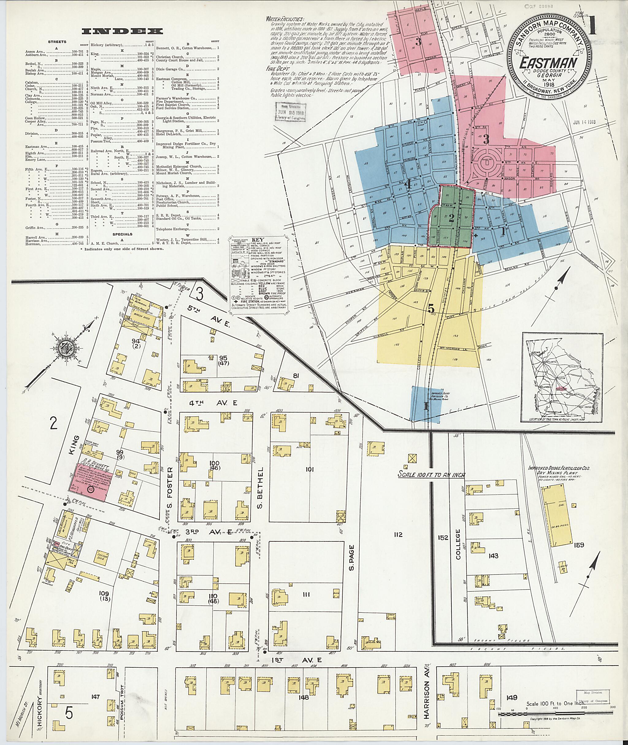 This old map of Eastman, Dodge County, Georgia was created by Sanborn Map Company in 1918