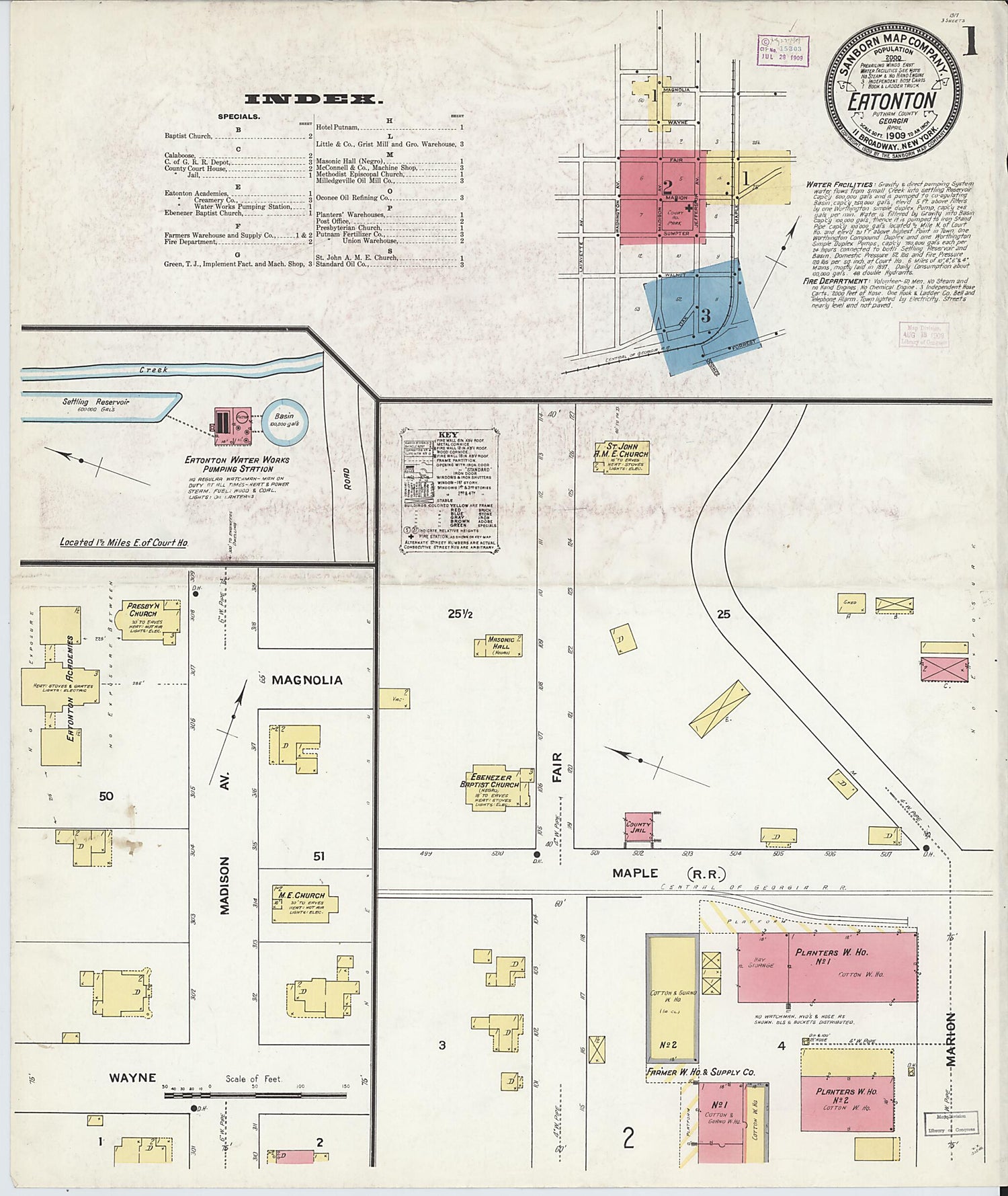 This old map of Eatonton, Putnam County, Georgia was created by Sanborn Map Company in 1909