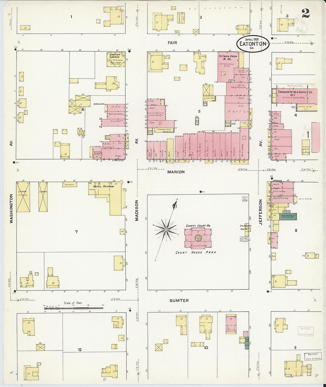 This old map of Eatonton, Putnam County, Georgia was created by Sanborn Map Company in 1909