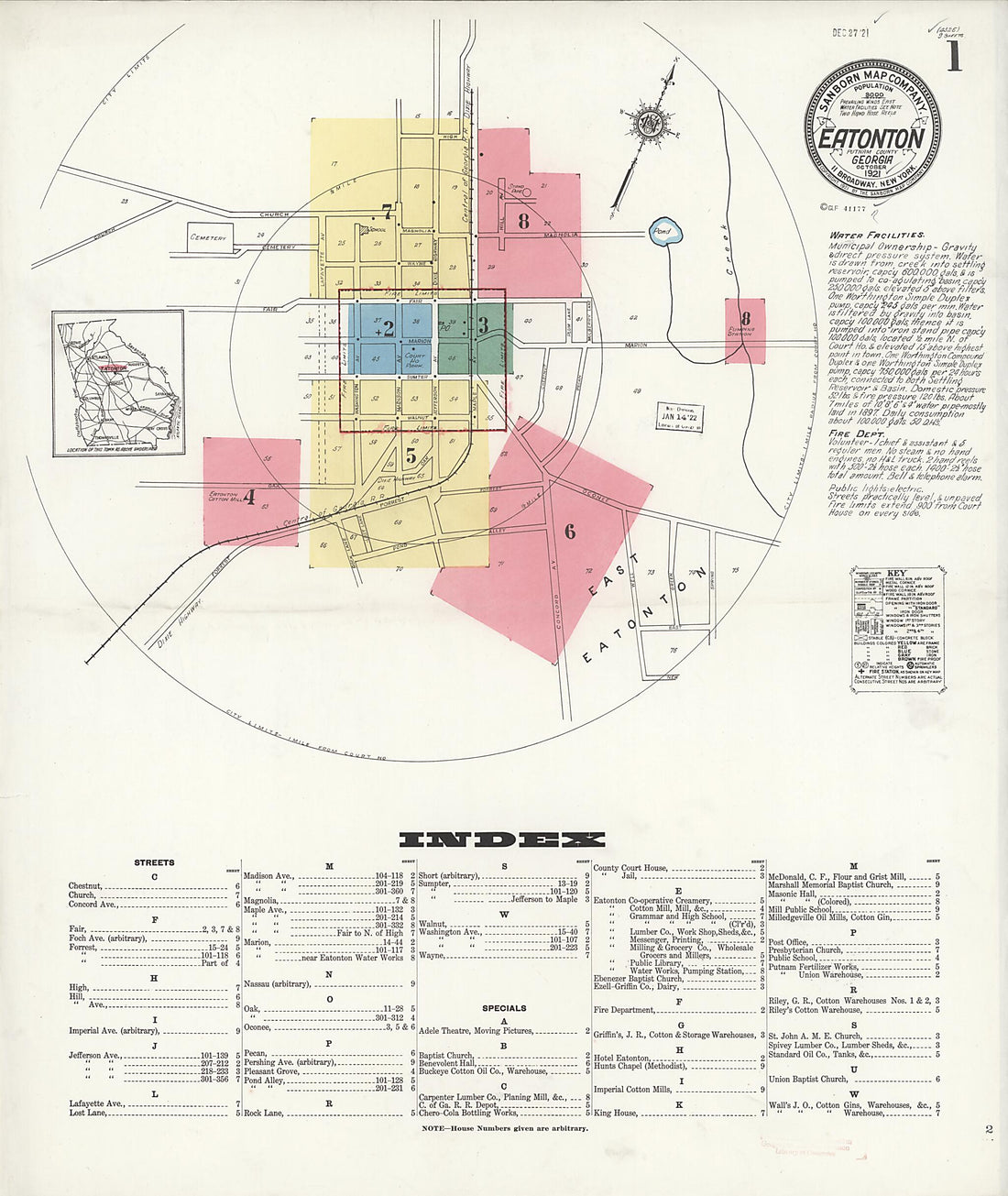 This old map of Eatonton, Putnam County, Georgia was created by Sanborn Map Company in 1921