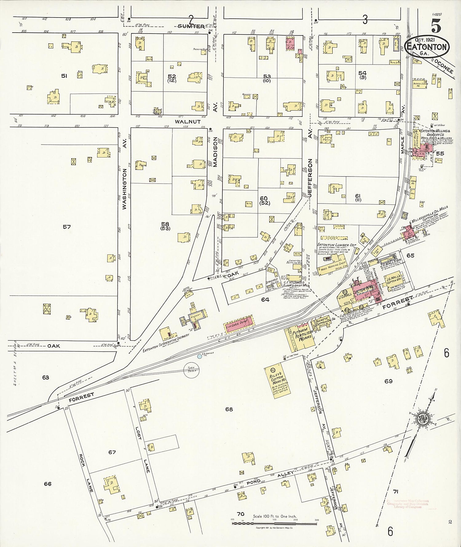 This old map of Eatonton, Putnam County, Georgia was created by Sanborn Map Company in 1921