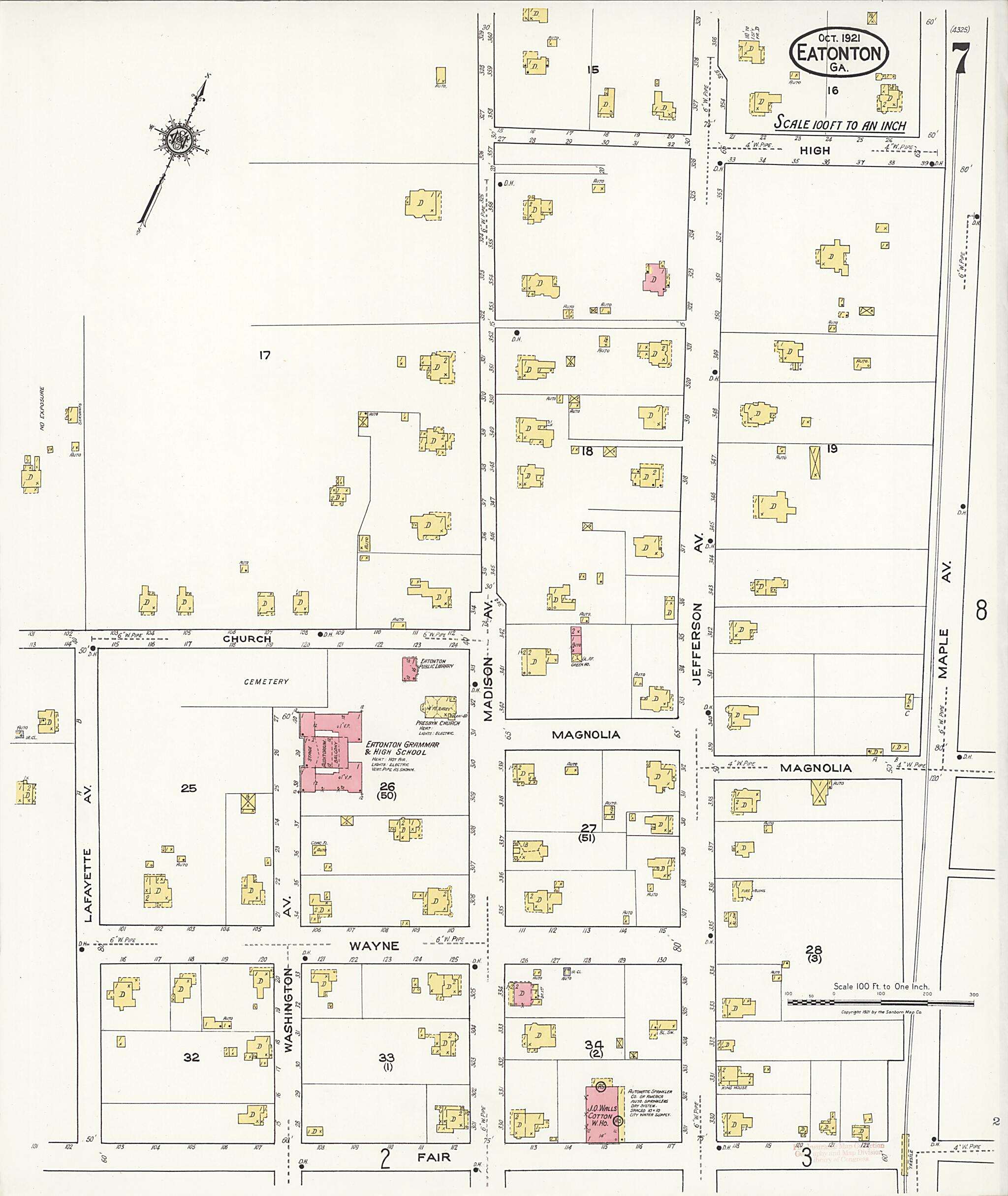 This old map of Eatonton, Putnam County, Georgia was created by Sanborn Map Company in 1921