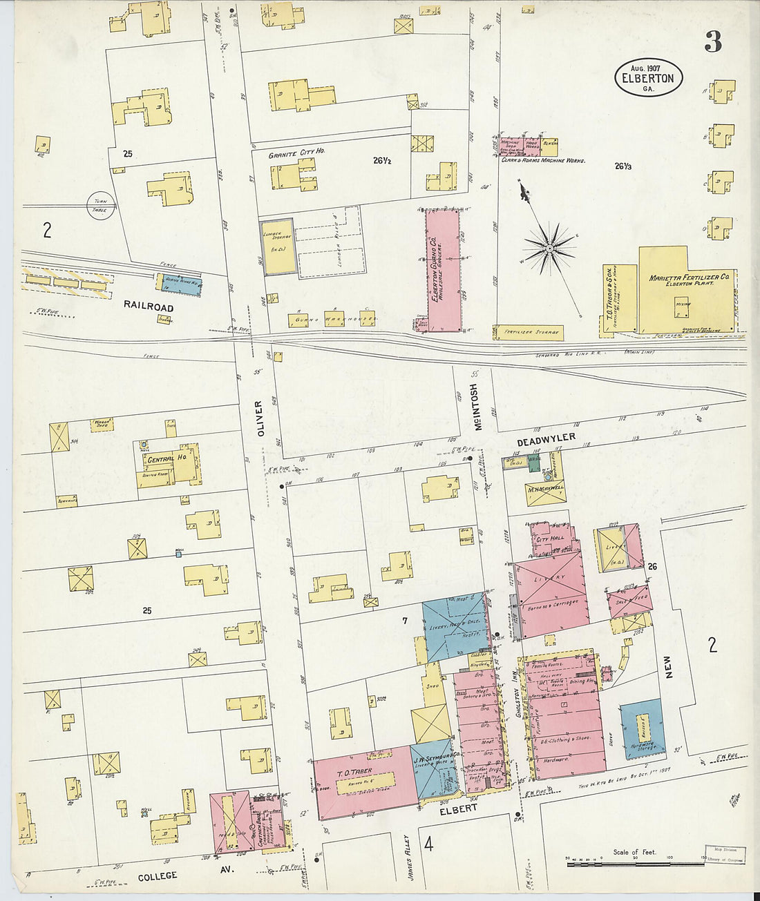 This old map of Elberton, Elbert County, Georgia was created by Sanborn Map Company in 1907